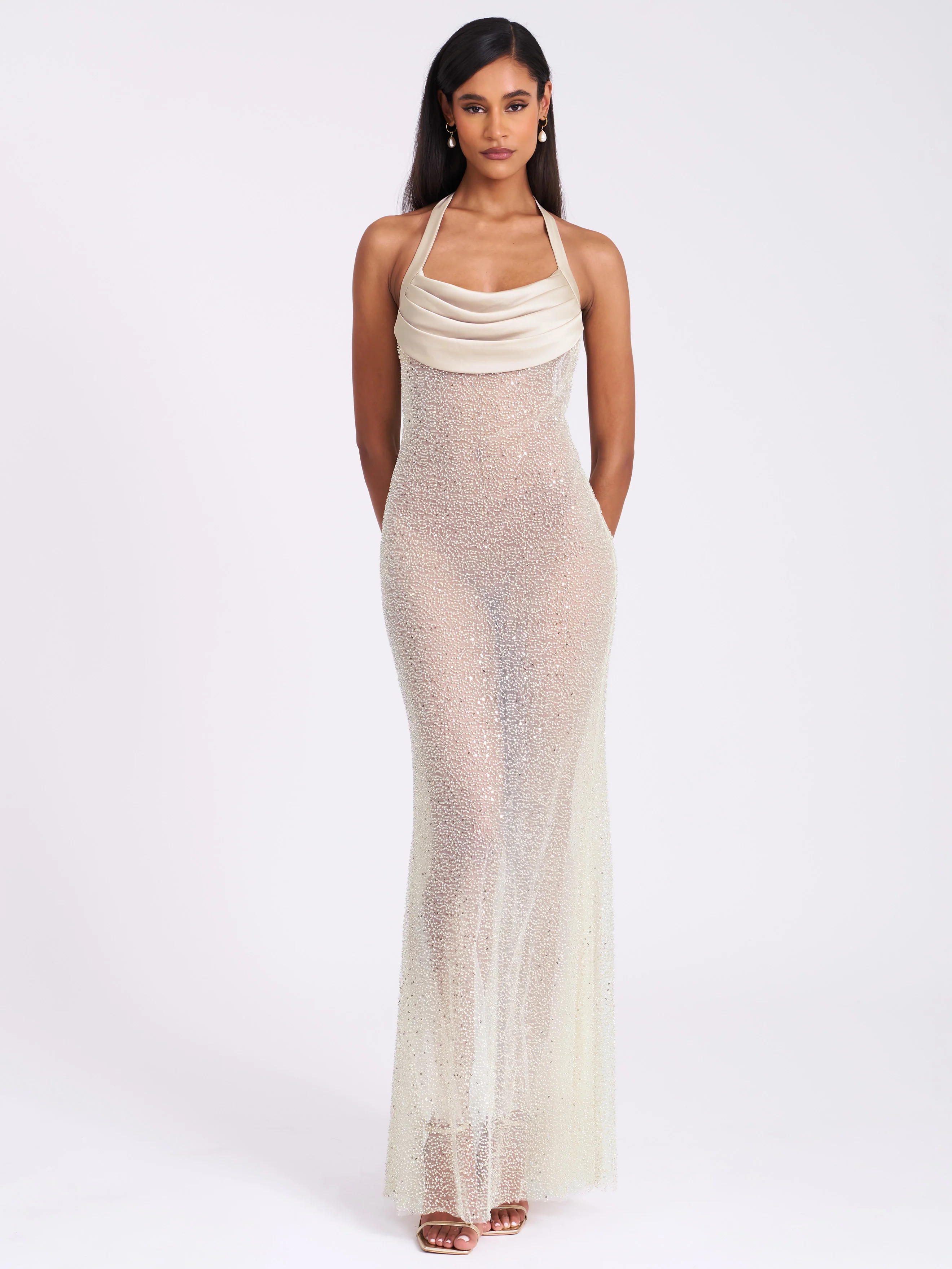 Zahya Lime Halter Backless Beaded Mesh Gown