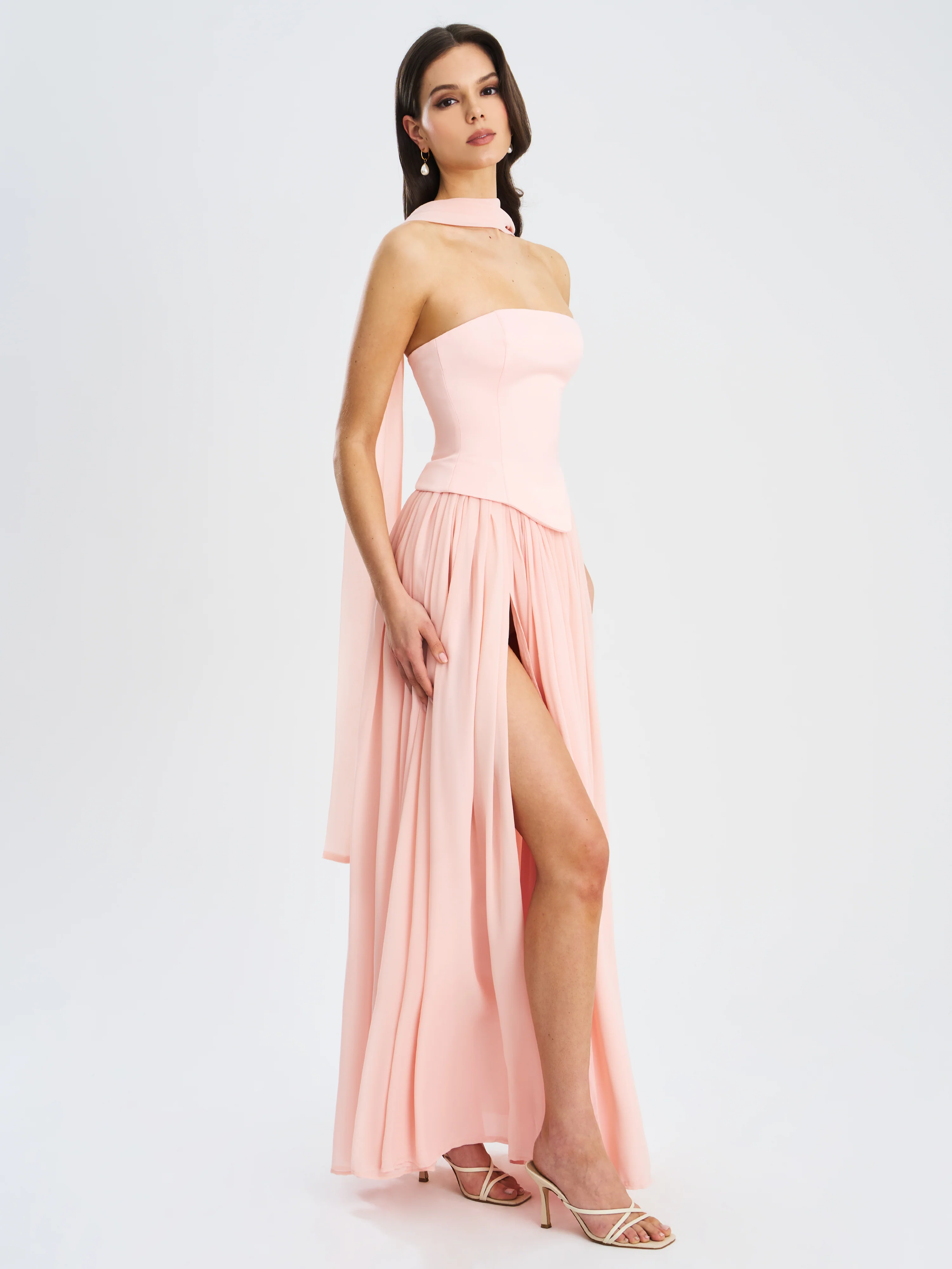 Qianna Baby Pink Peplum Top Drop Waist Chiffon Gown