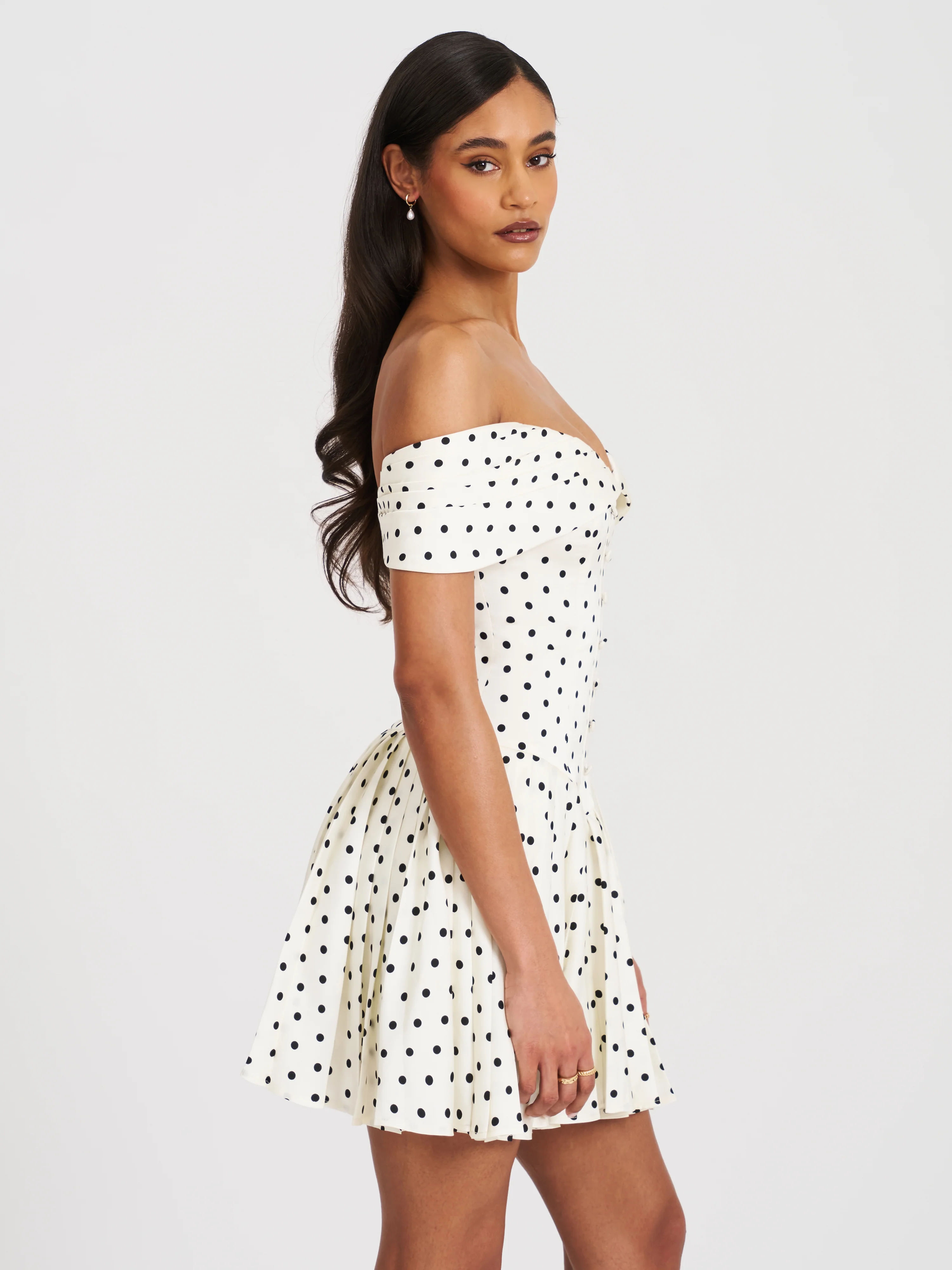 Edeline Polka Dot Off-shoulder Pleated Mini Dress