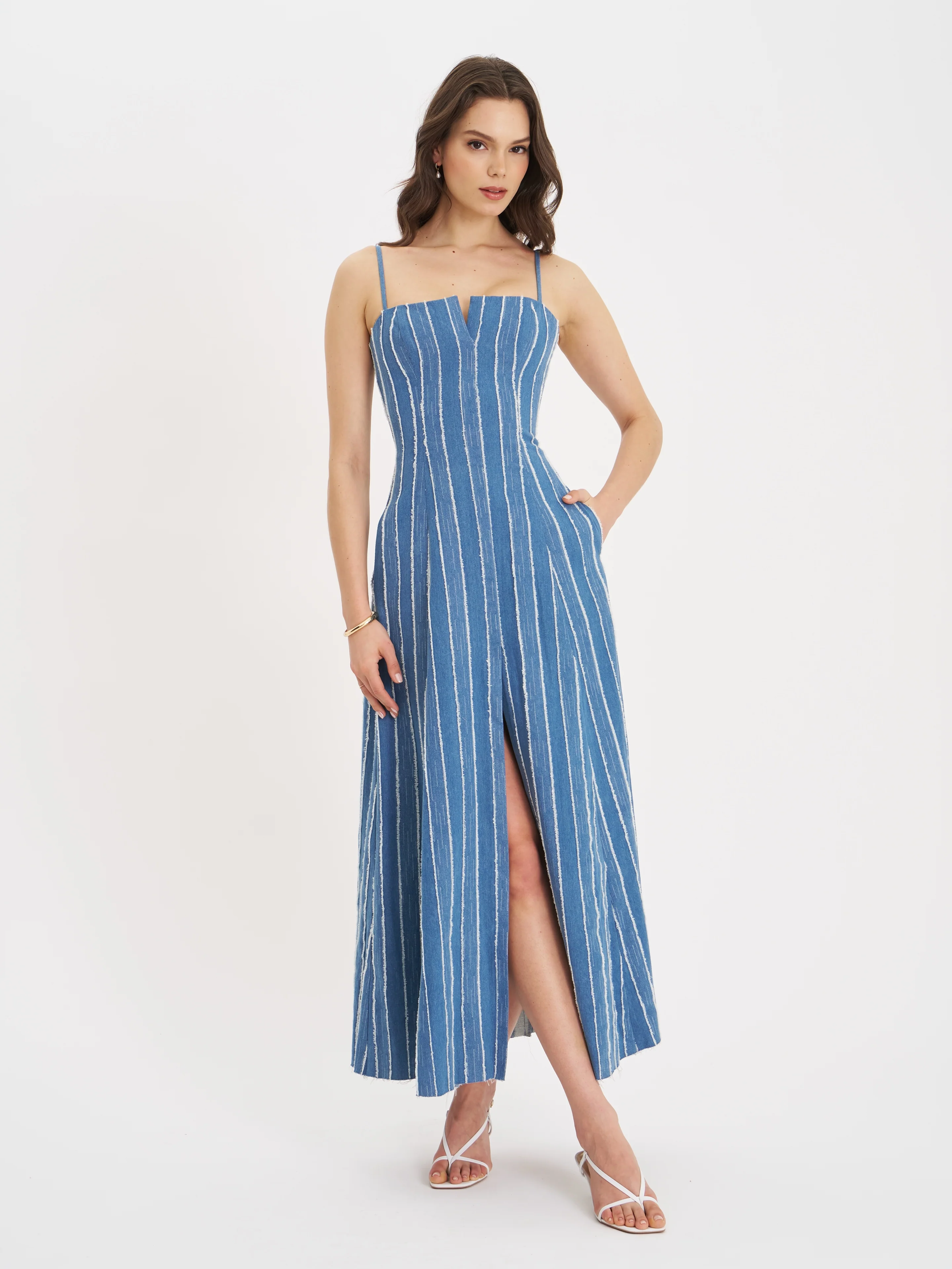 Abygail Stripe Cotton Denim Maxi Dress