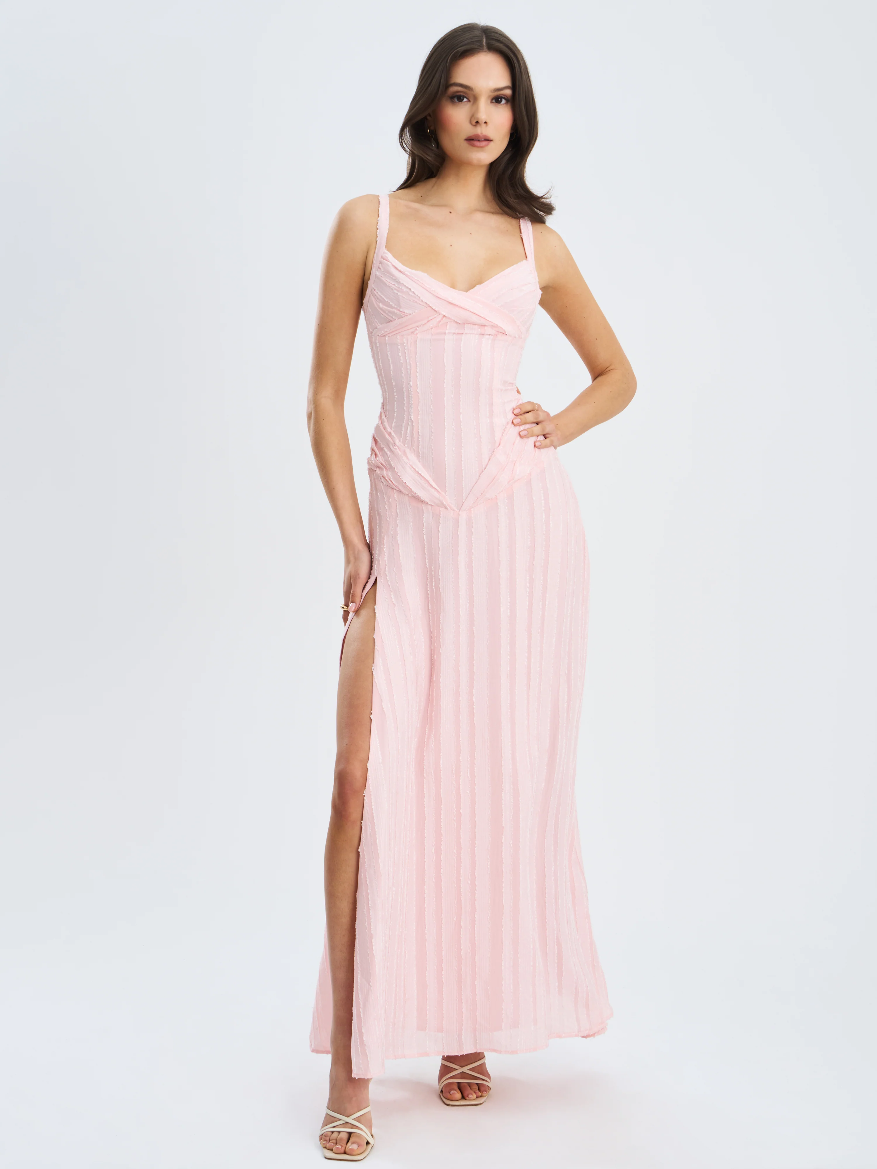 Mallory Baby Pink Stripe Jacquard High Slit Gown