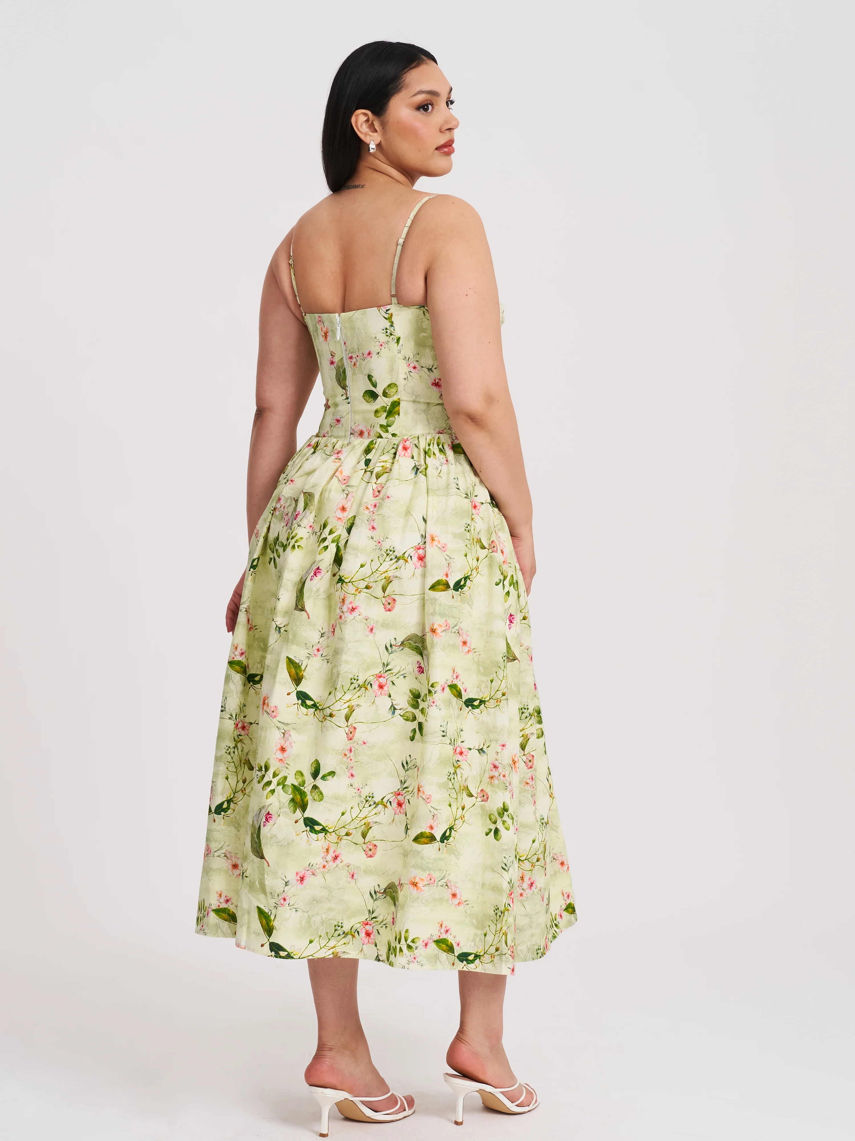 Jacinda Green Floral Print Ruched Breast Linen Midi Dress