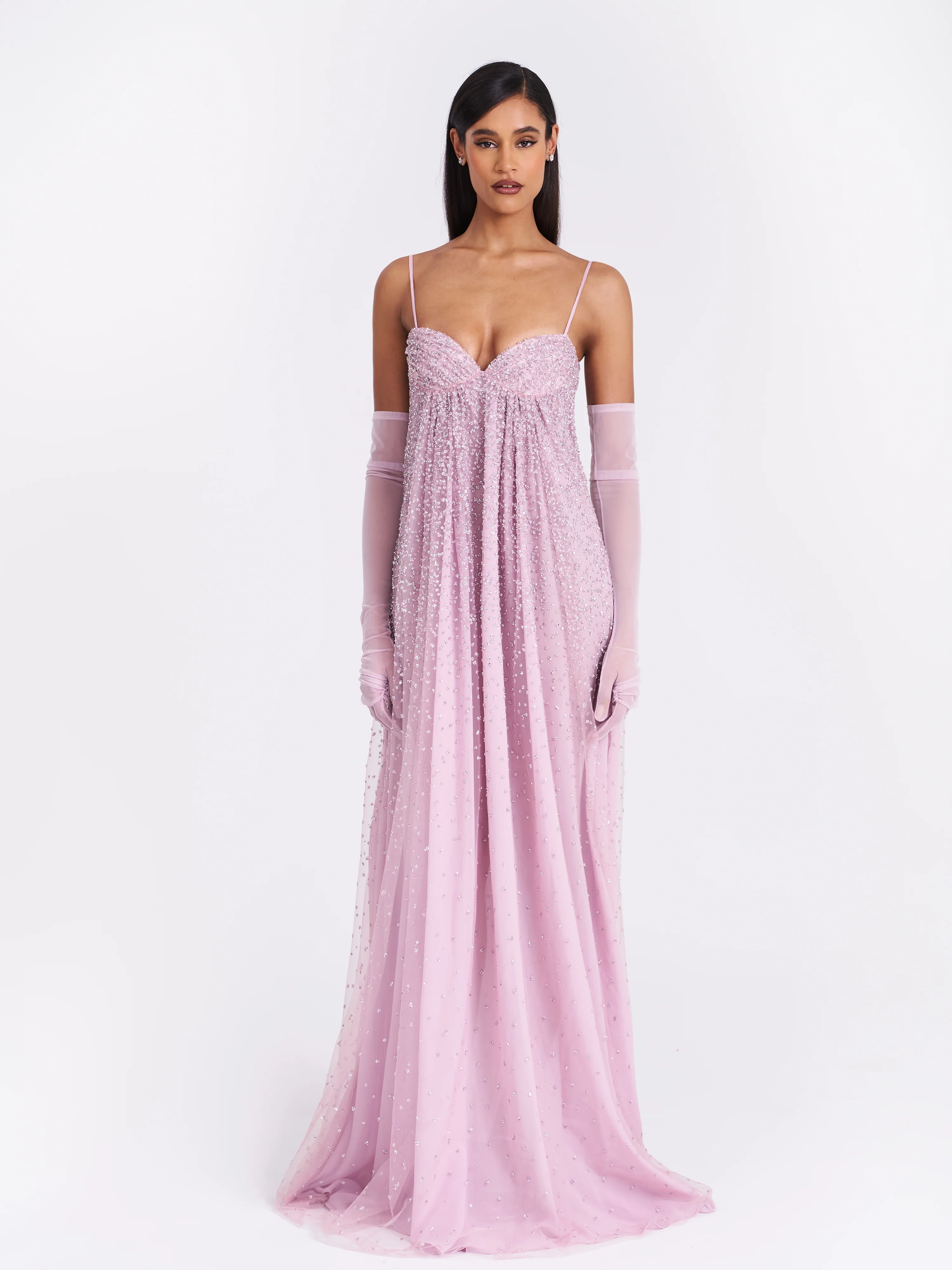 Wallie Pink Rhinestone Embellished Mesh Backless Gown