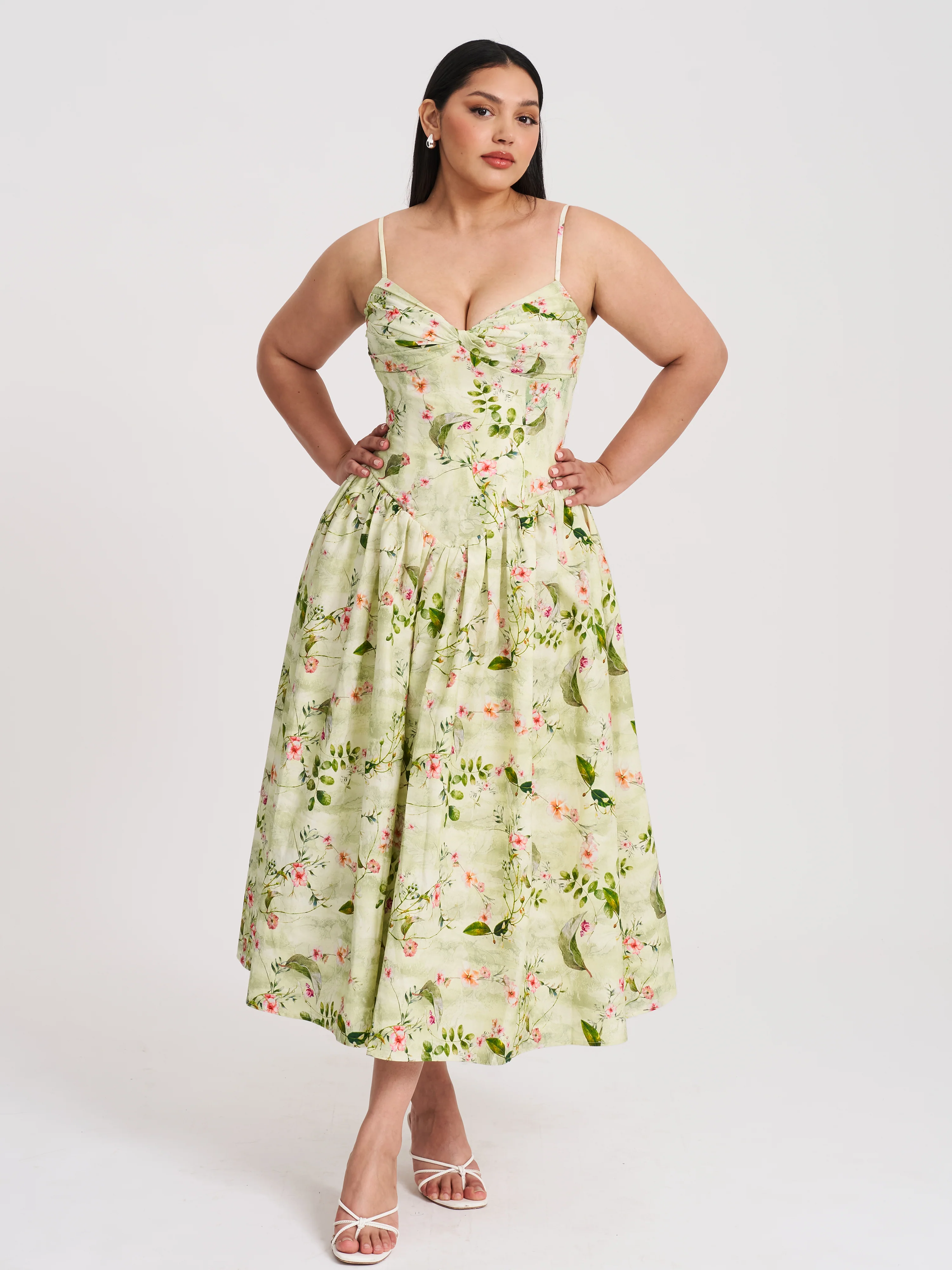 Jacinda Green Floral Print Ruched Breast Linen Midi Dress