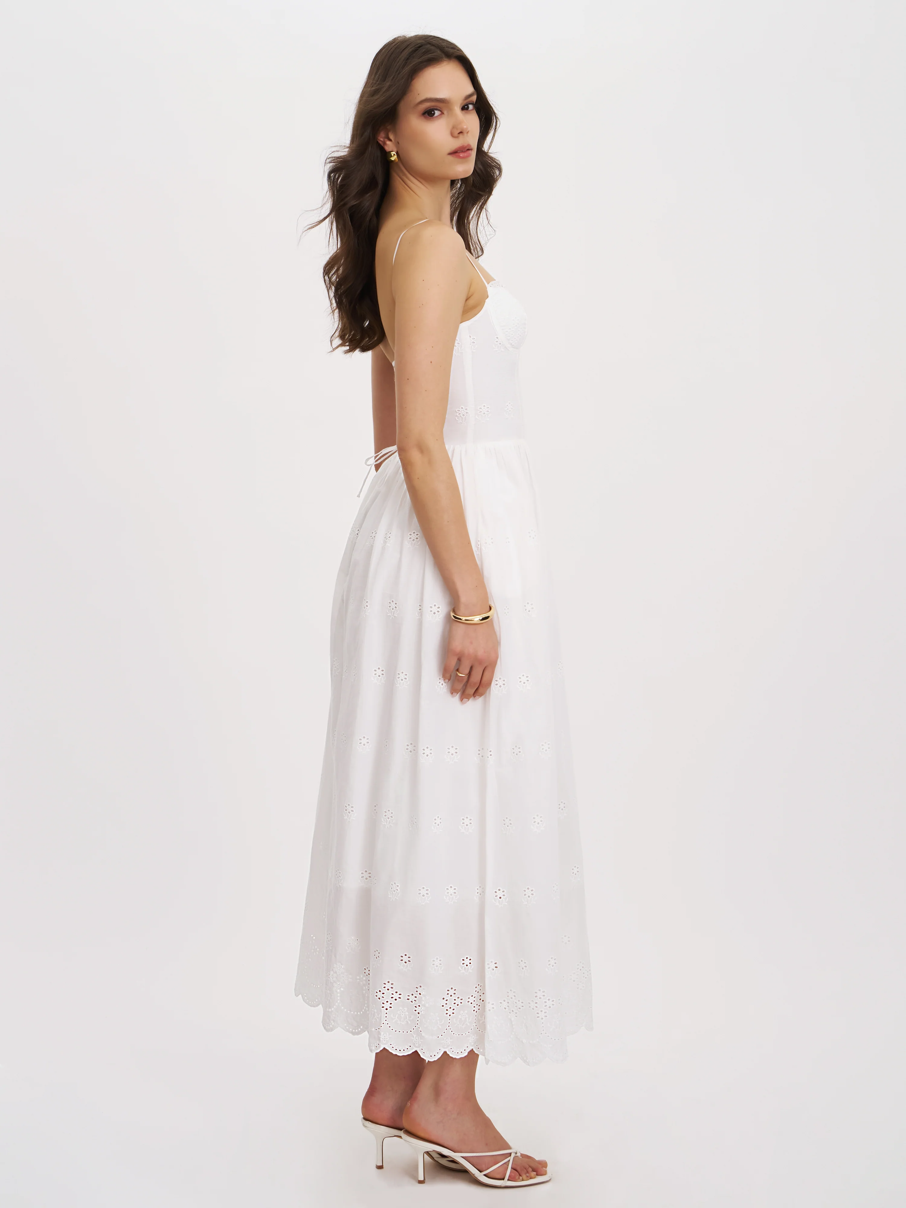 Oberon White Cotton Eyelet Lace-Up Back Maxi Dress