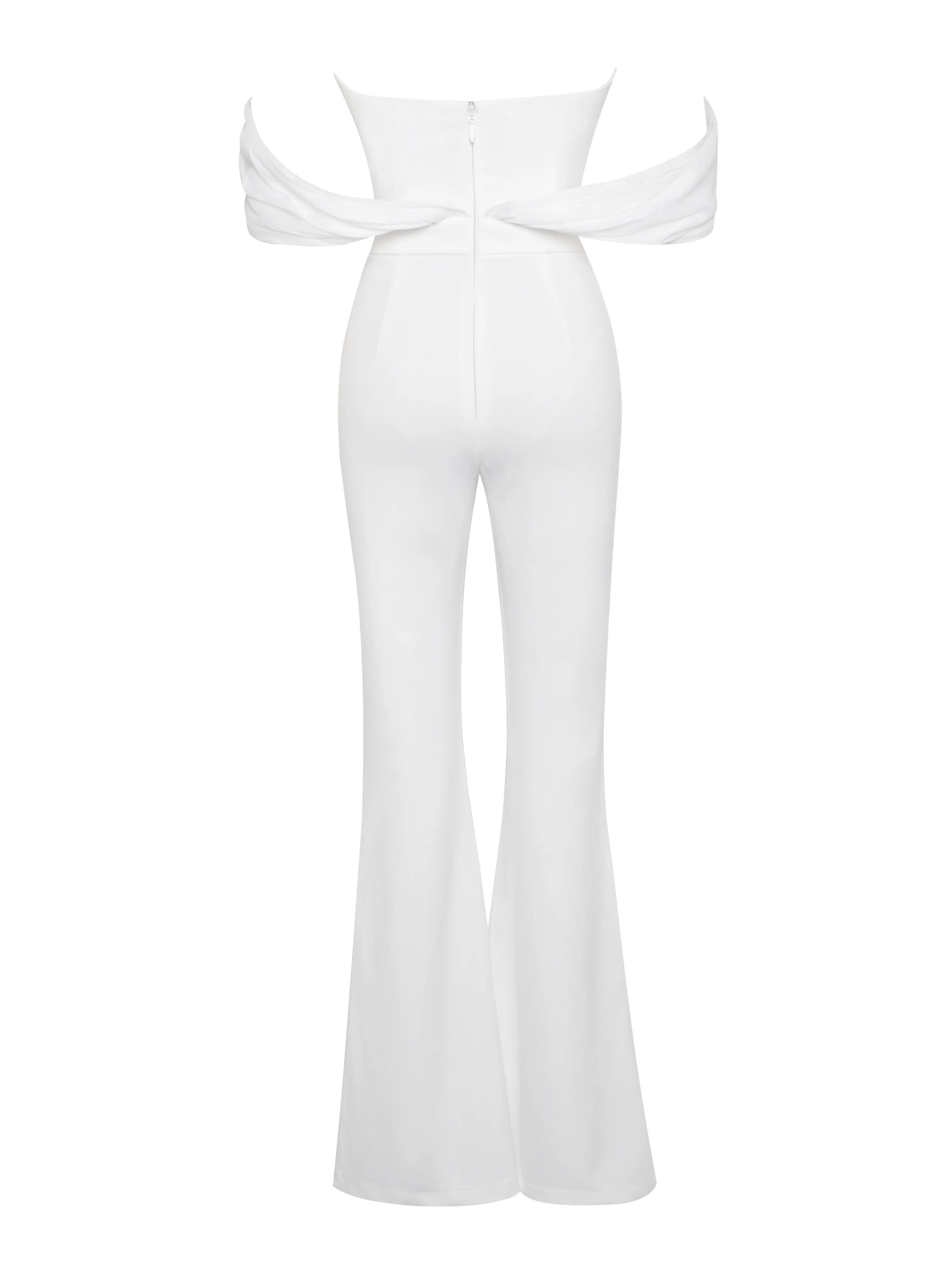Sherlyn White Off Shoulder Flared Crepe Jumpsuit