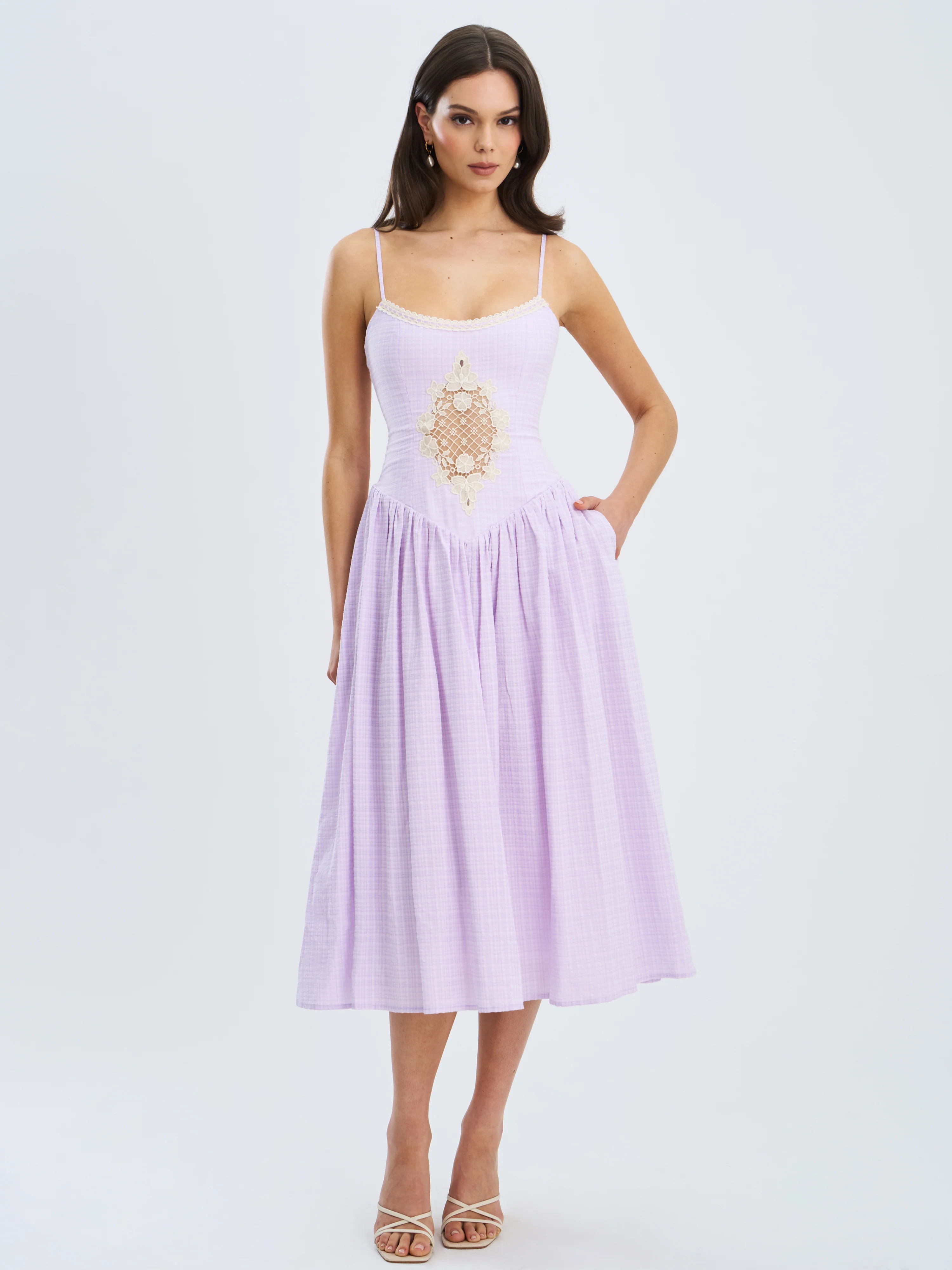 Jaclyn Lavender Lace Trim Cutout Seersucker Midi Dress