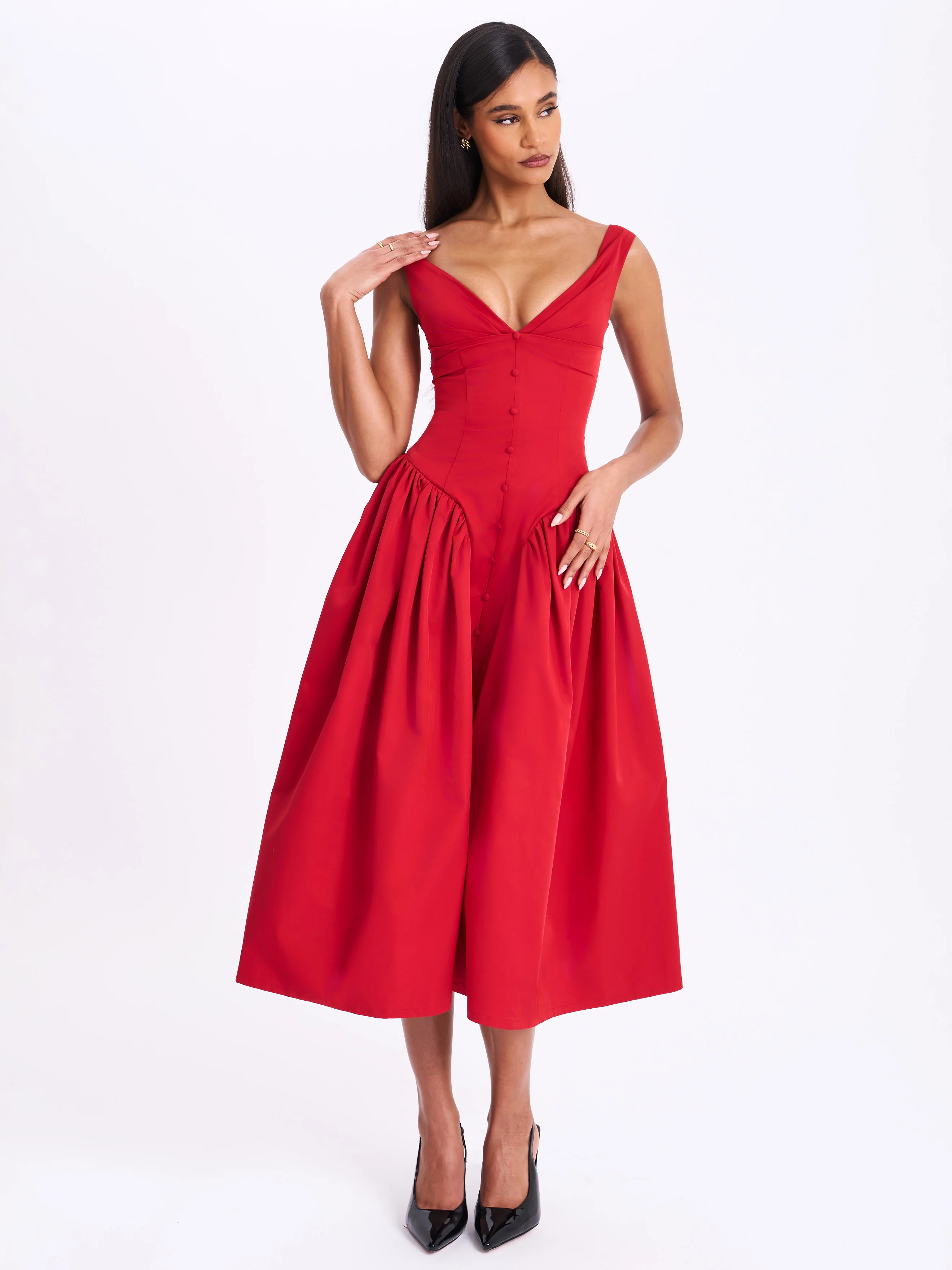 Nahla Red Drop Waist Midi Dress with Buttons