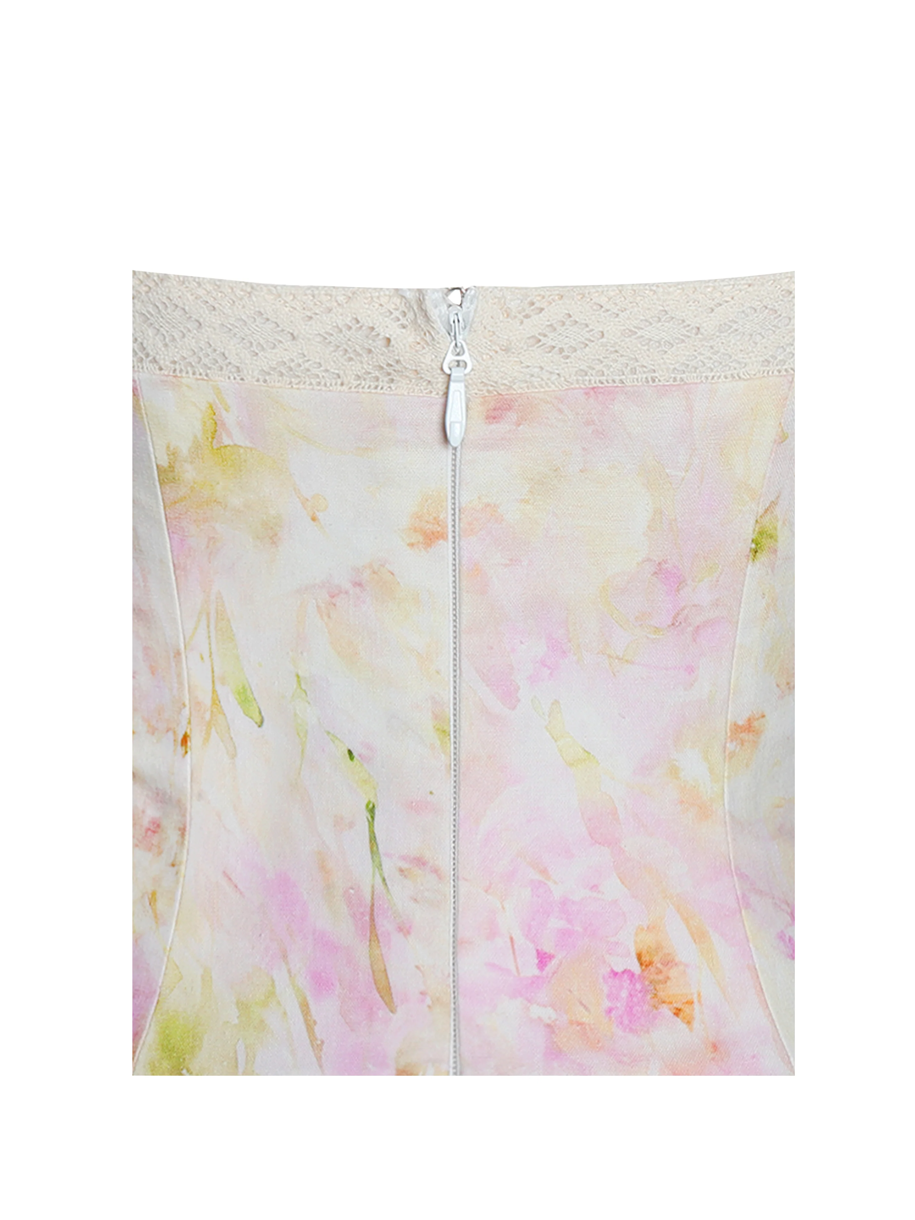 Zaina Yellow Pink Floral Print Lace Trim Linen Midi Dress