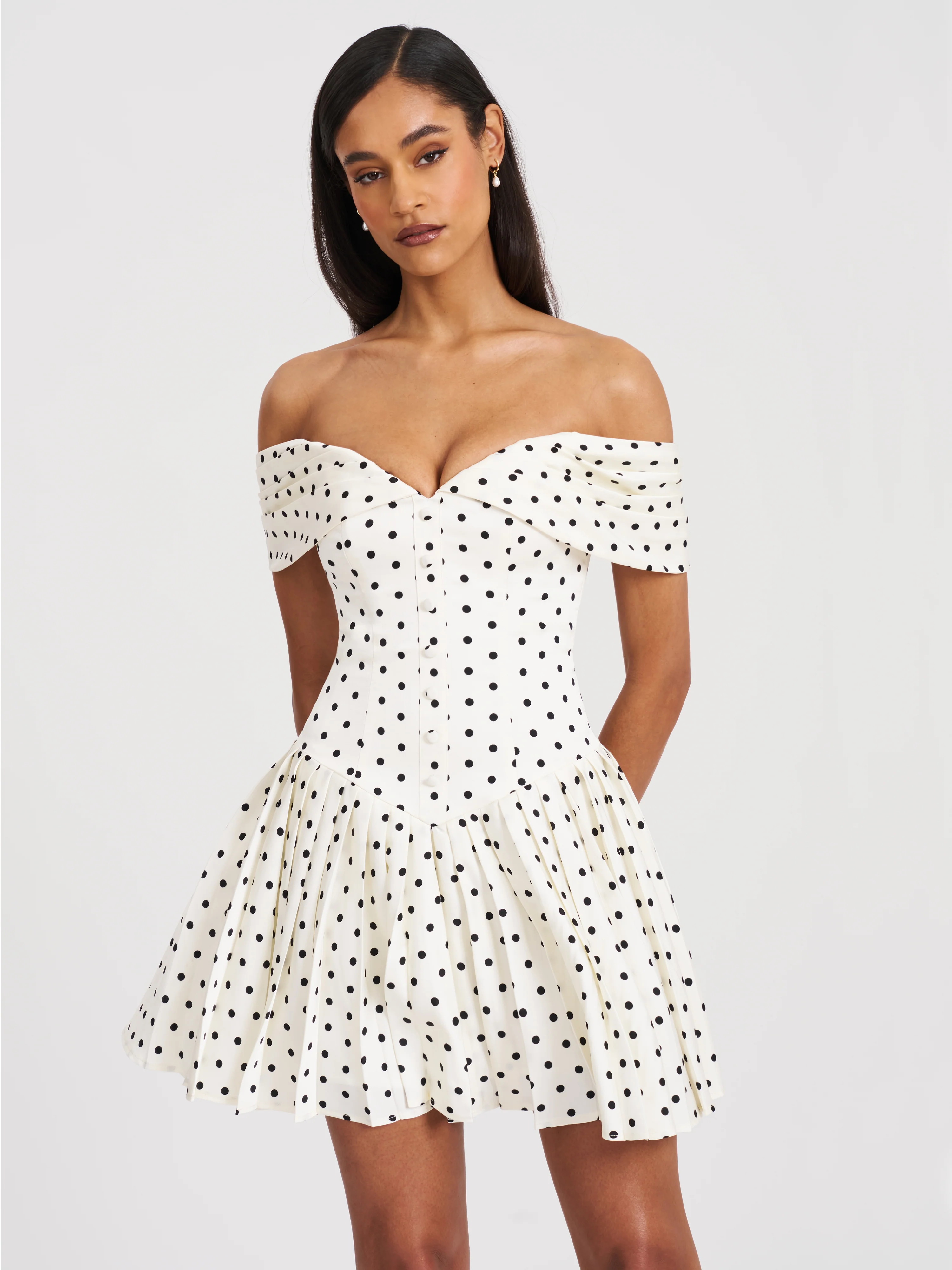 Edeline Polka Dot Off-shoulder Pleated Mini Dress