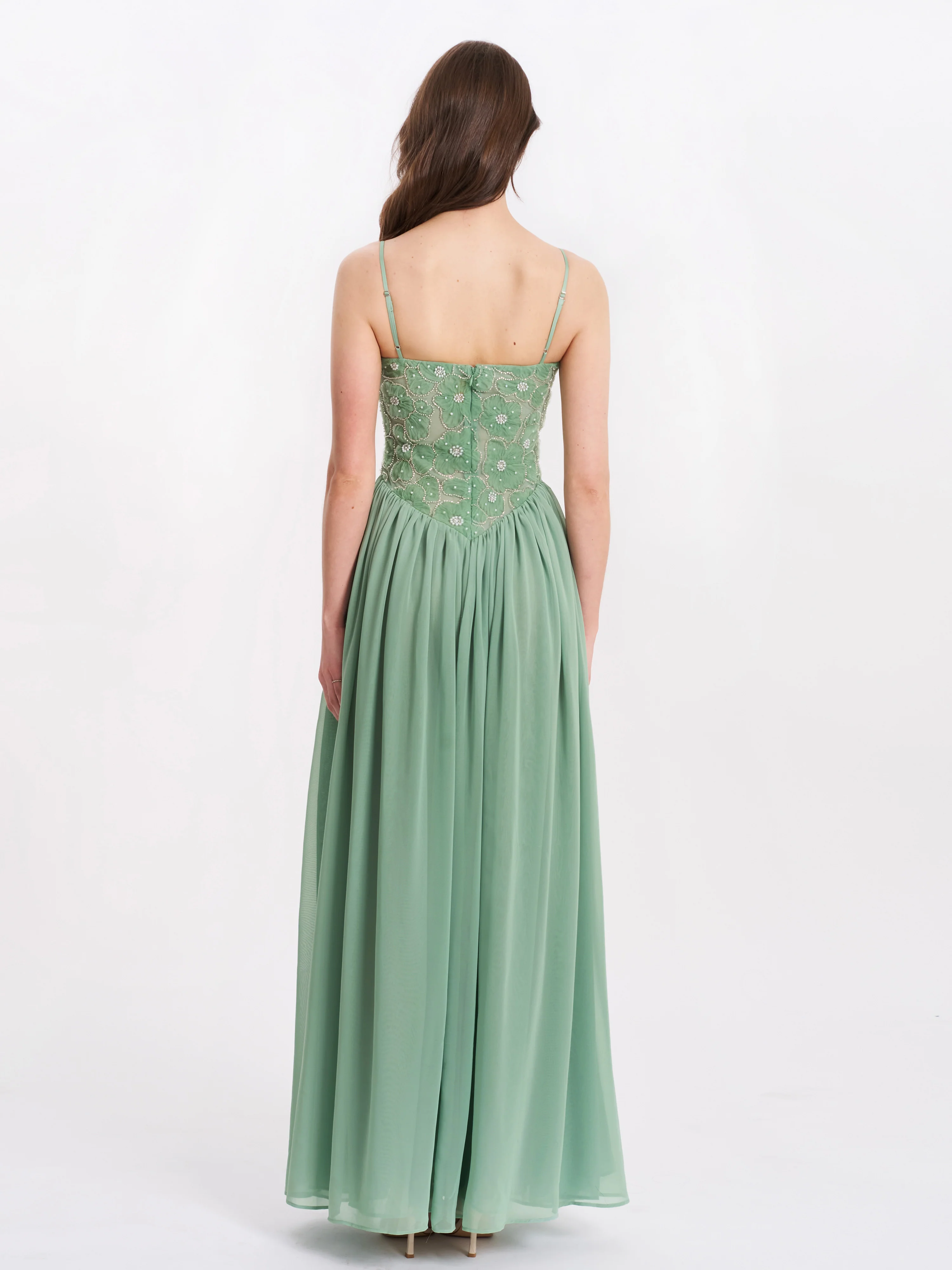 Ucille Sage Green Embroidered Chiffon Maxi Dress