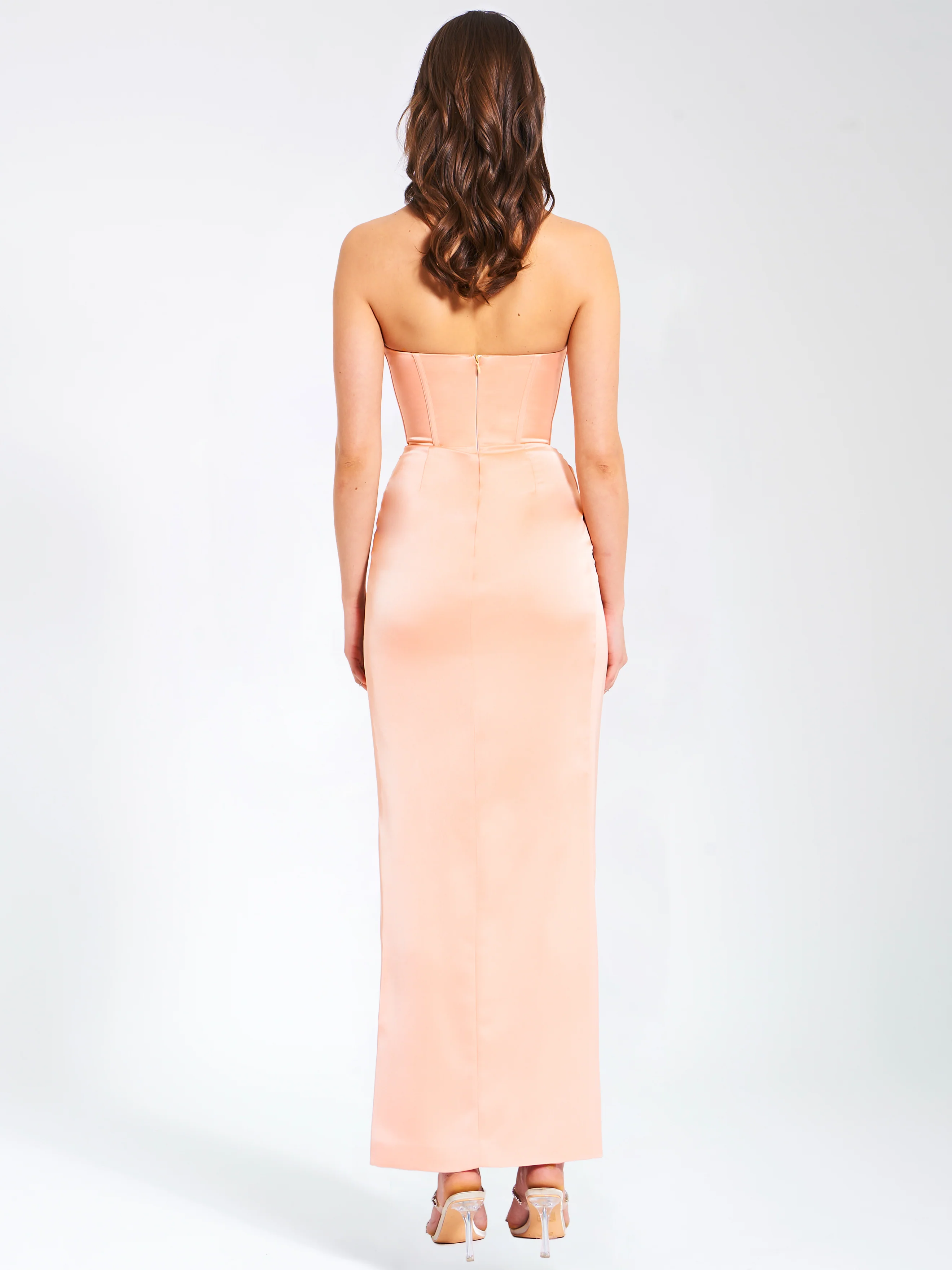 Amelia Blush Satin Corset Slit Gown With Crystal Embellished