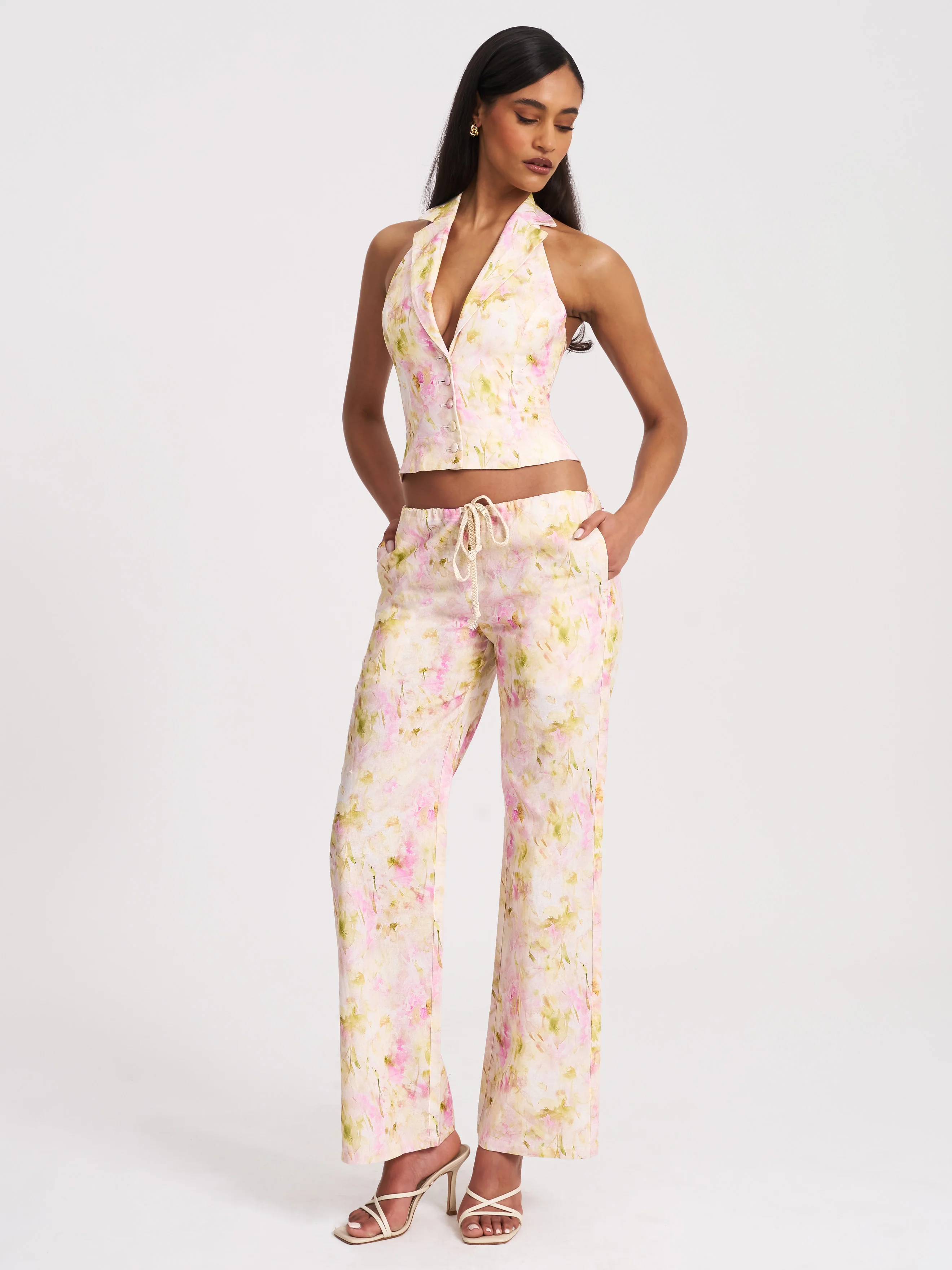 Laureen Pink Floral Print Linen Straight Pants