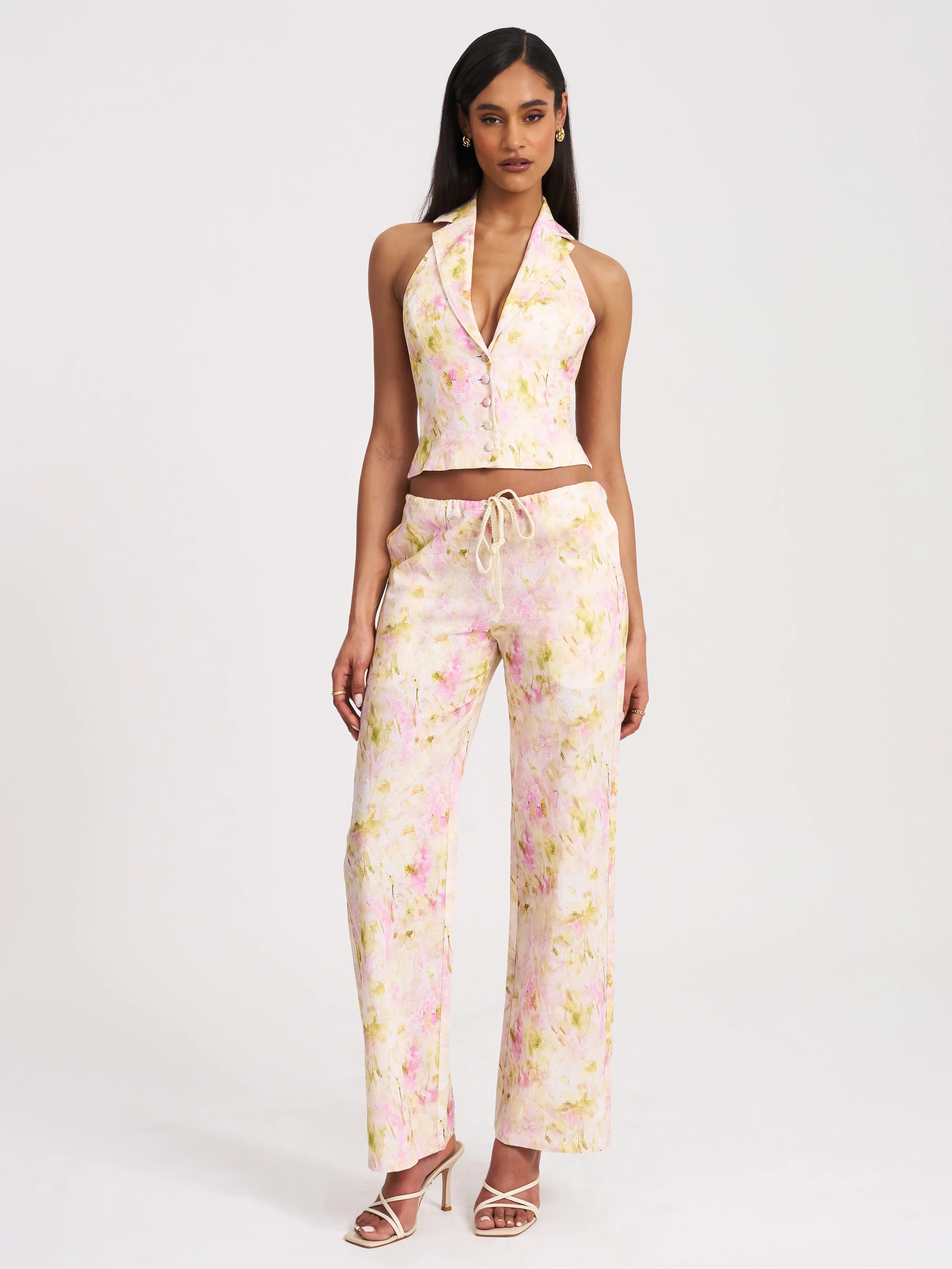 Lauren Pink Floral Print Ruched Back Linen Suit Vest
