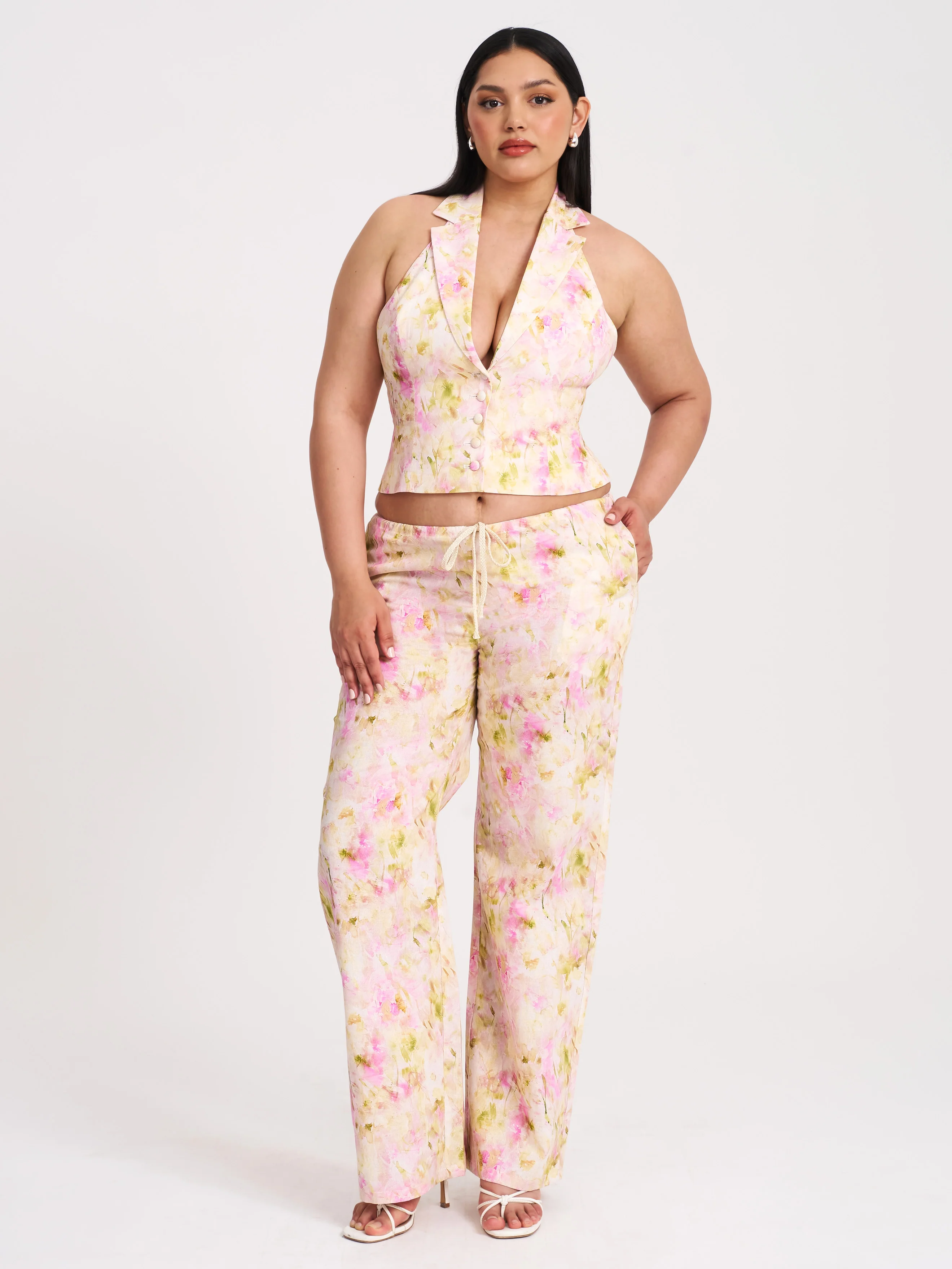 Laureen Pink Floral Print Linen Straight Pants