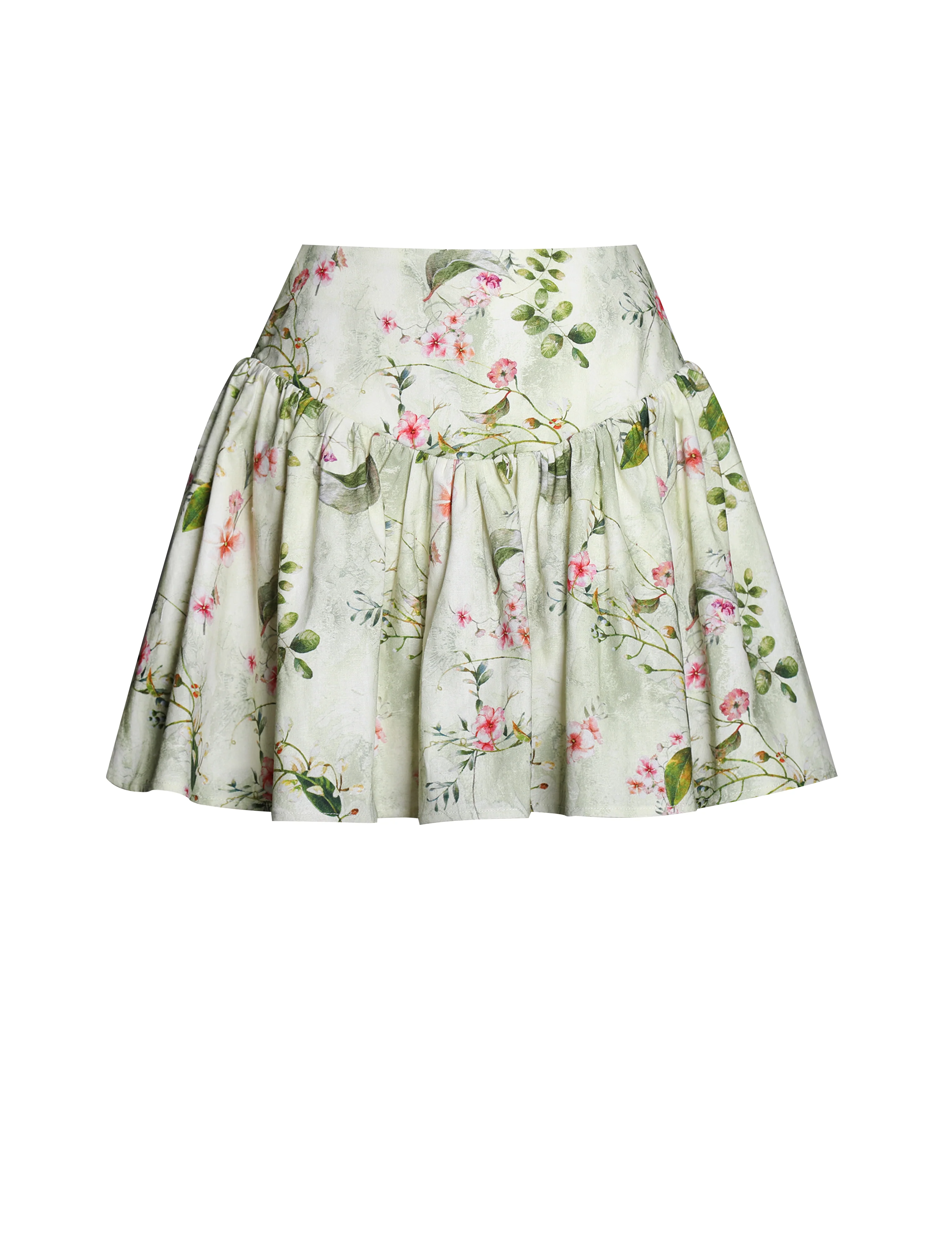 Zanelle Green Floral Print Drop Waist Linen Full Skirt