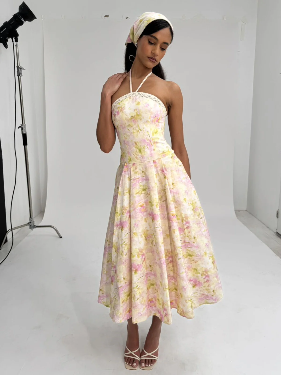 Zaina Yellow Pink Floral Print Lace Trim Linen Midi Dress