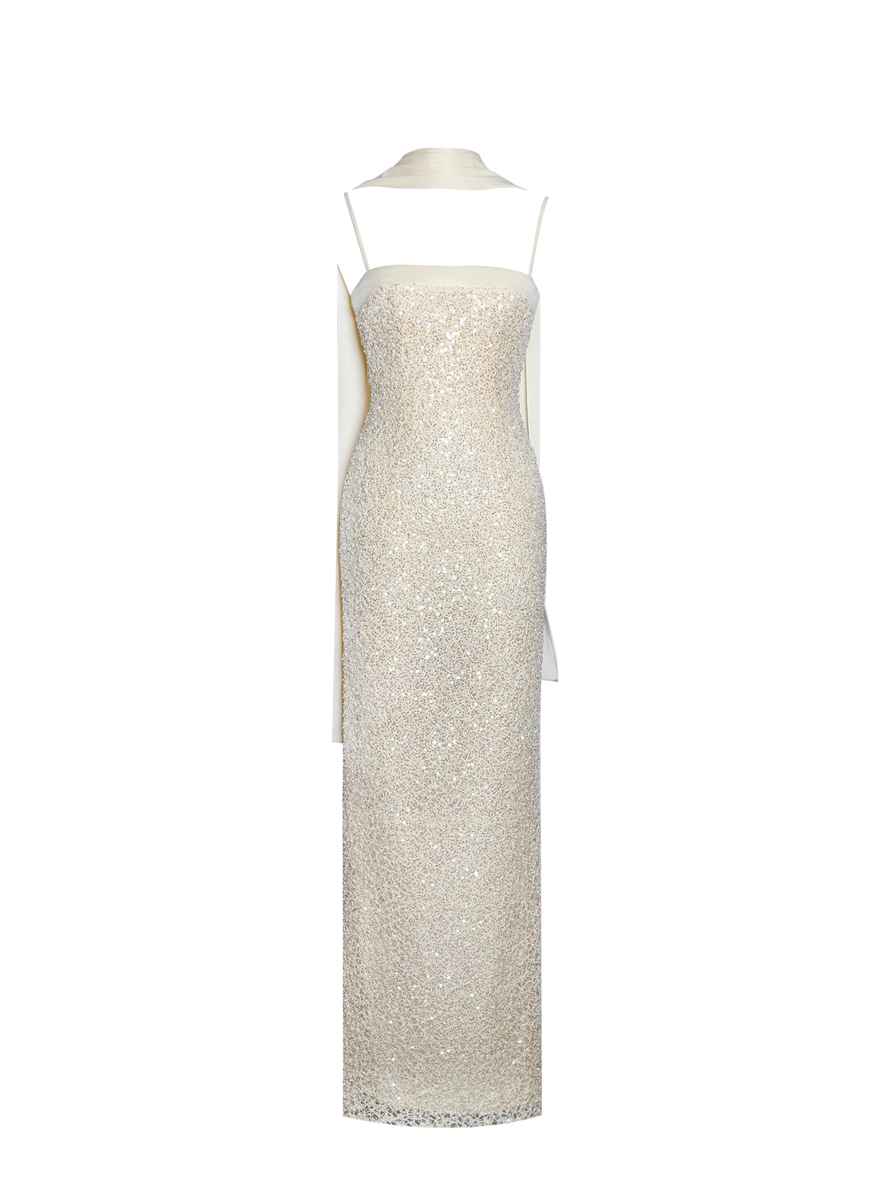 Raizel Gold Beaded Sequin Bodycon Gown with Scarf