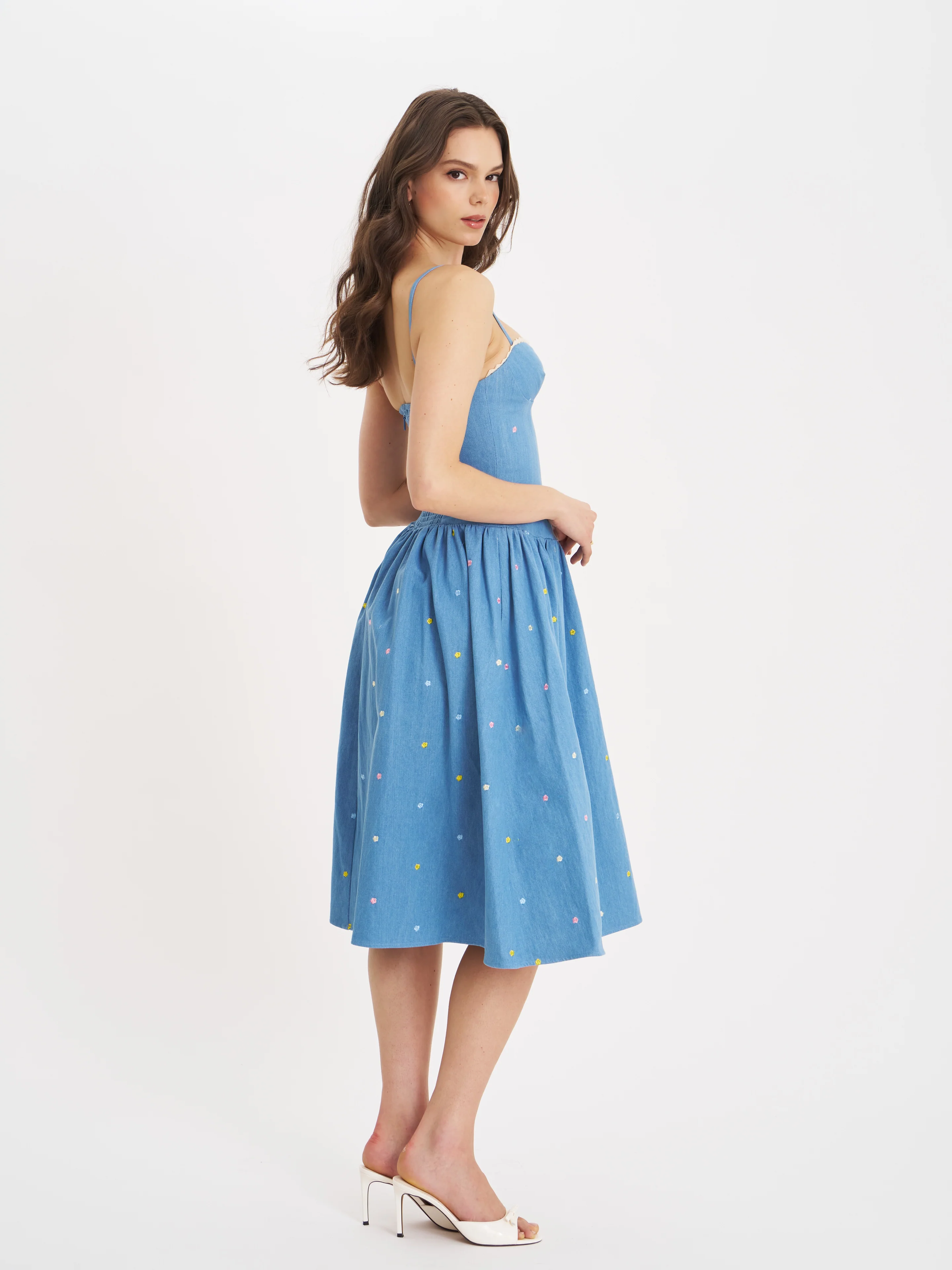 Zadie Cotton Denim Drop Waist Embroidery Flower Midi Dress