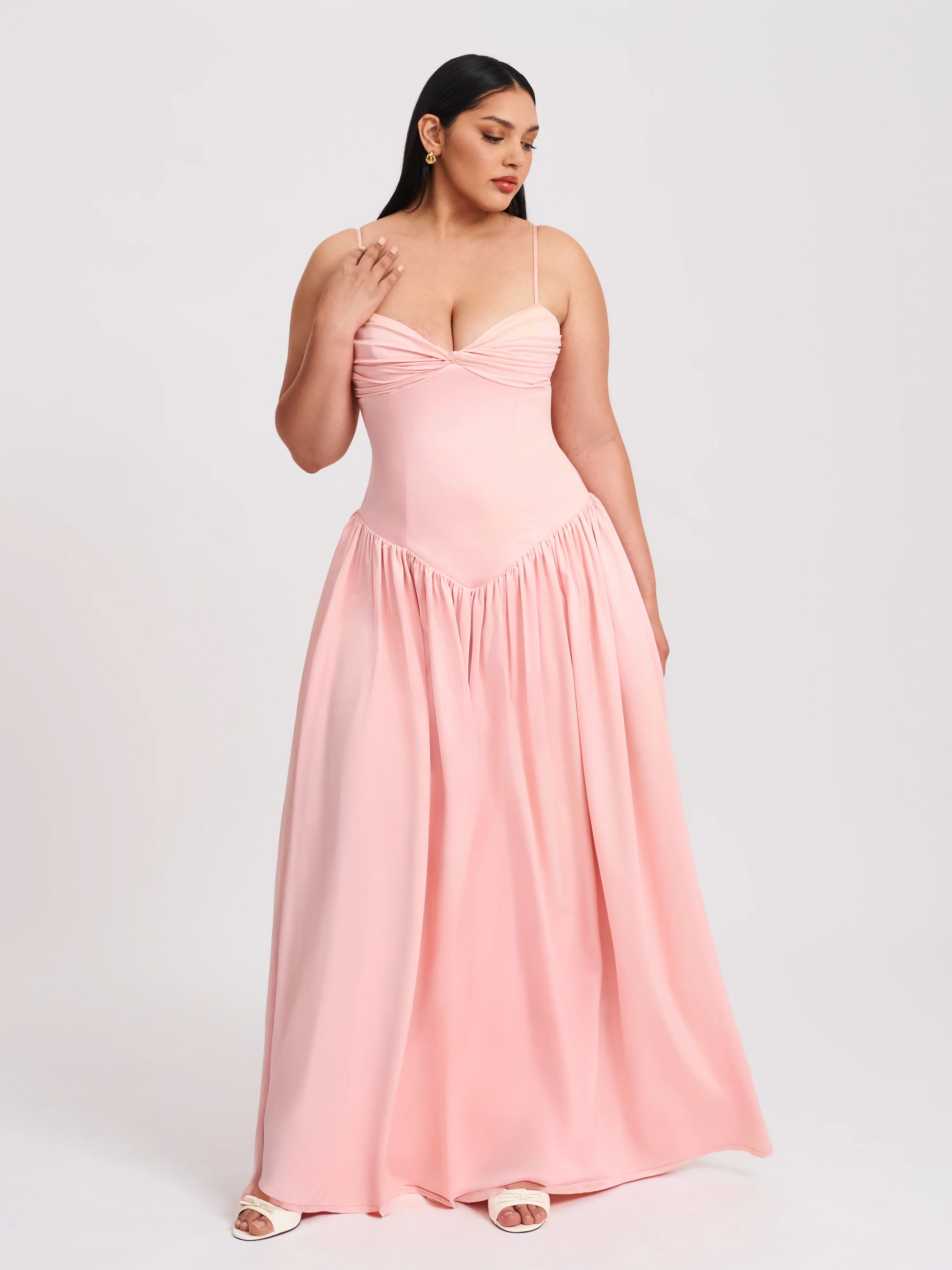 Najwa Baby Pink Ruched Breast Drop Waist Maxi Dress