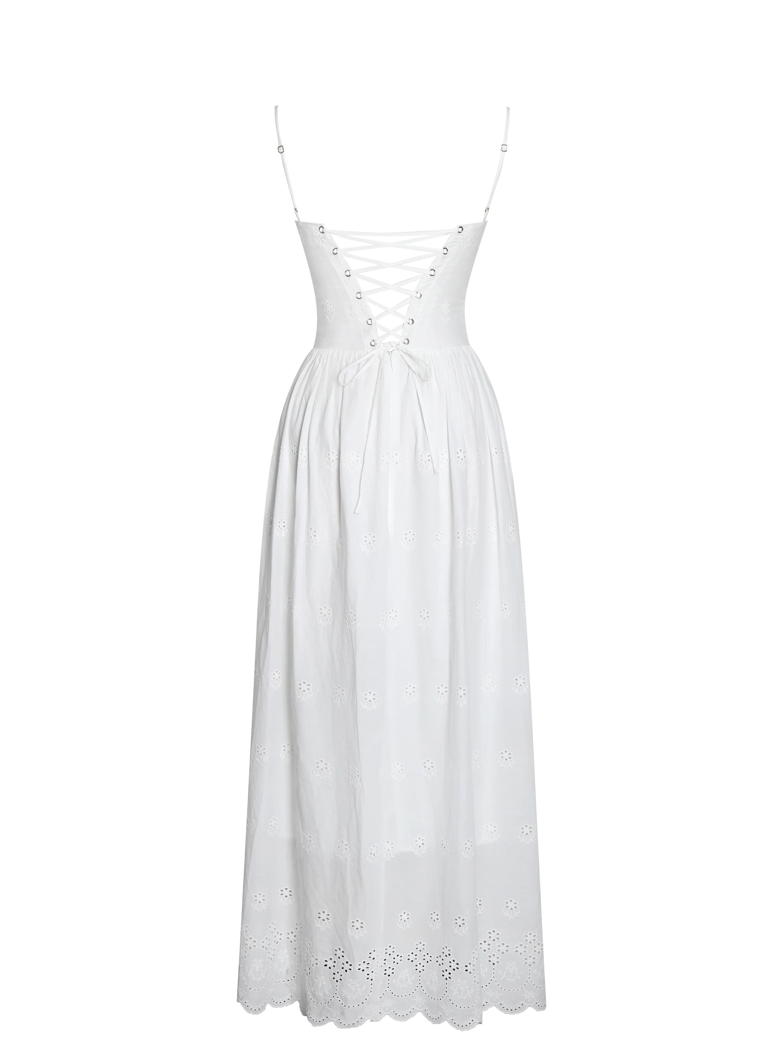 Oberon White Cotton Eyelet Lace-Up Back Maxi Dress