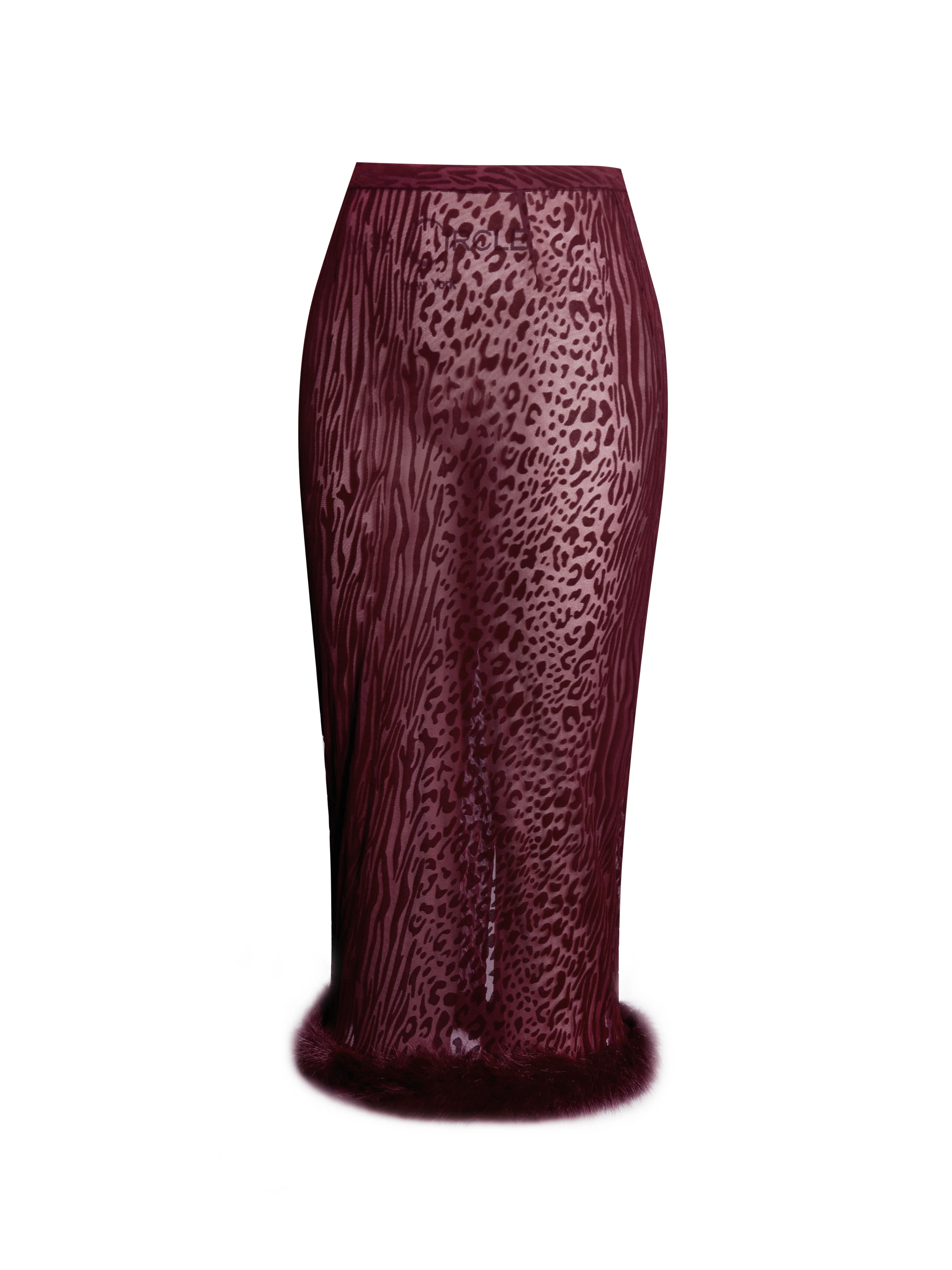Halia Burgundy Animal Print Burnout Velvet Fur Trim Skirt