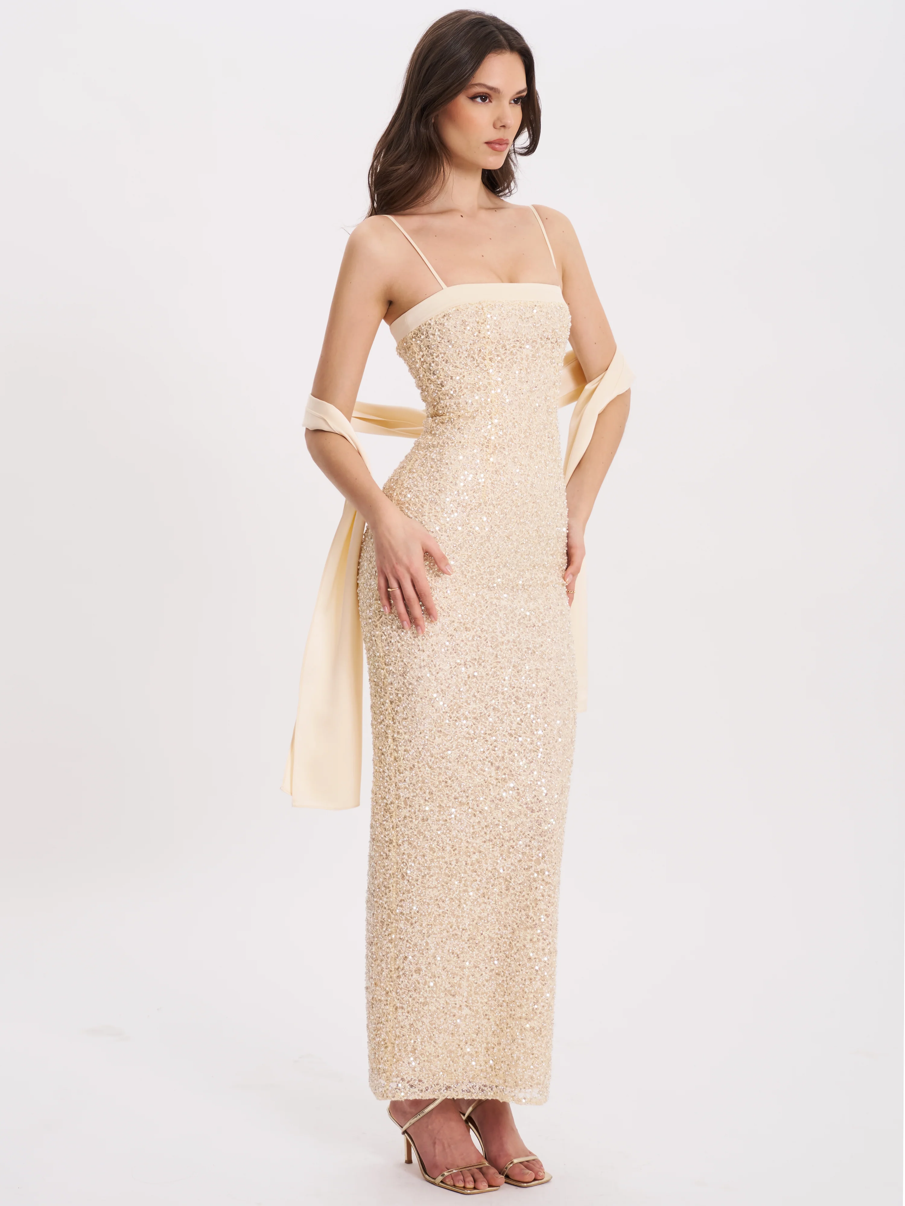 Raizel Gold Beaded Sequin Bodycon Gown with Scarf