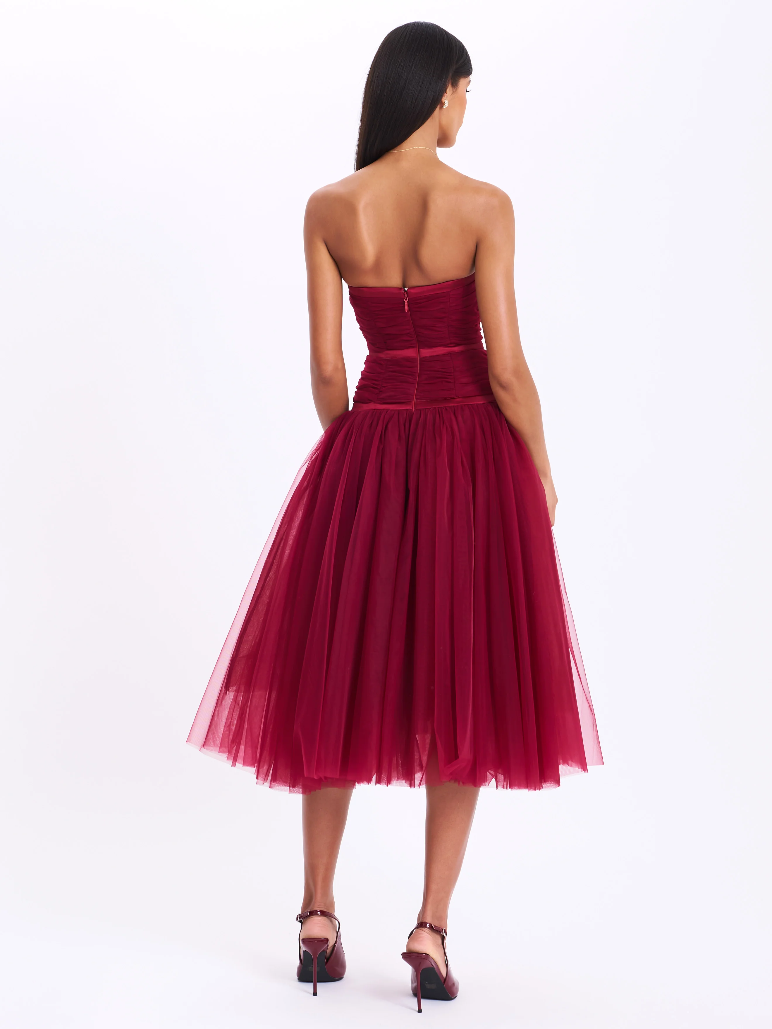 Mabel Burgundy Drop Waist Layered Mesh Midi Puffy Dress with Bow