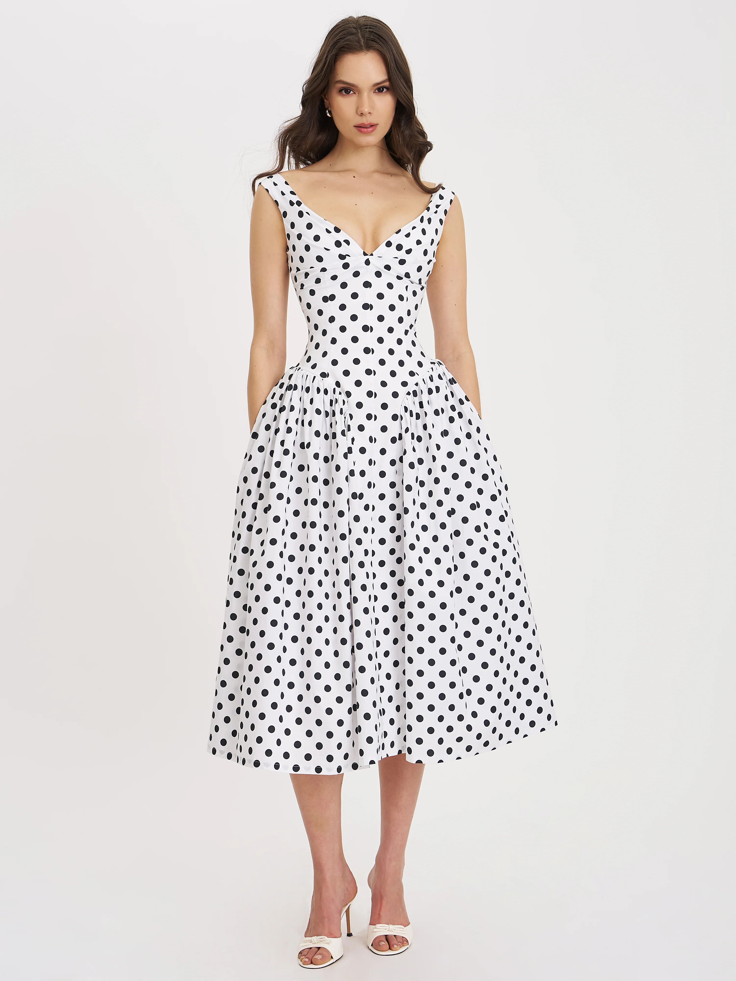 Rahma Polka Dot Drop Waist Midi Cotton Poplin Dress