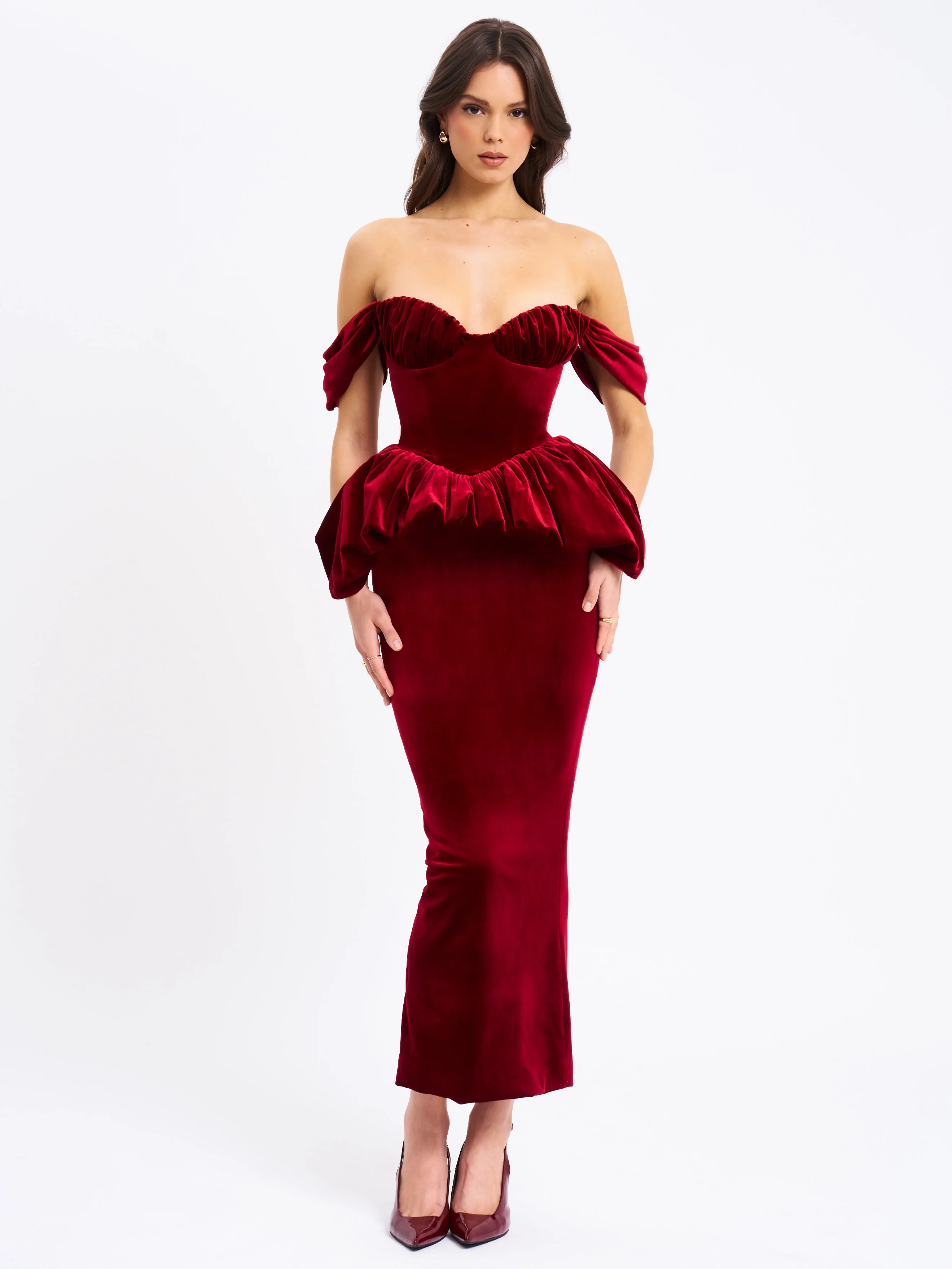 Abigail Velvet Off Shoulder Bubble Hem Peplum Maxi Dress