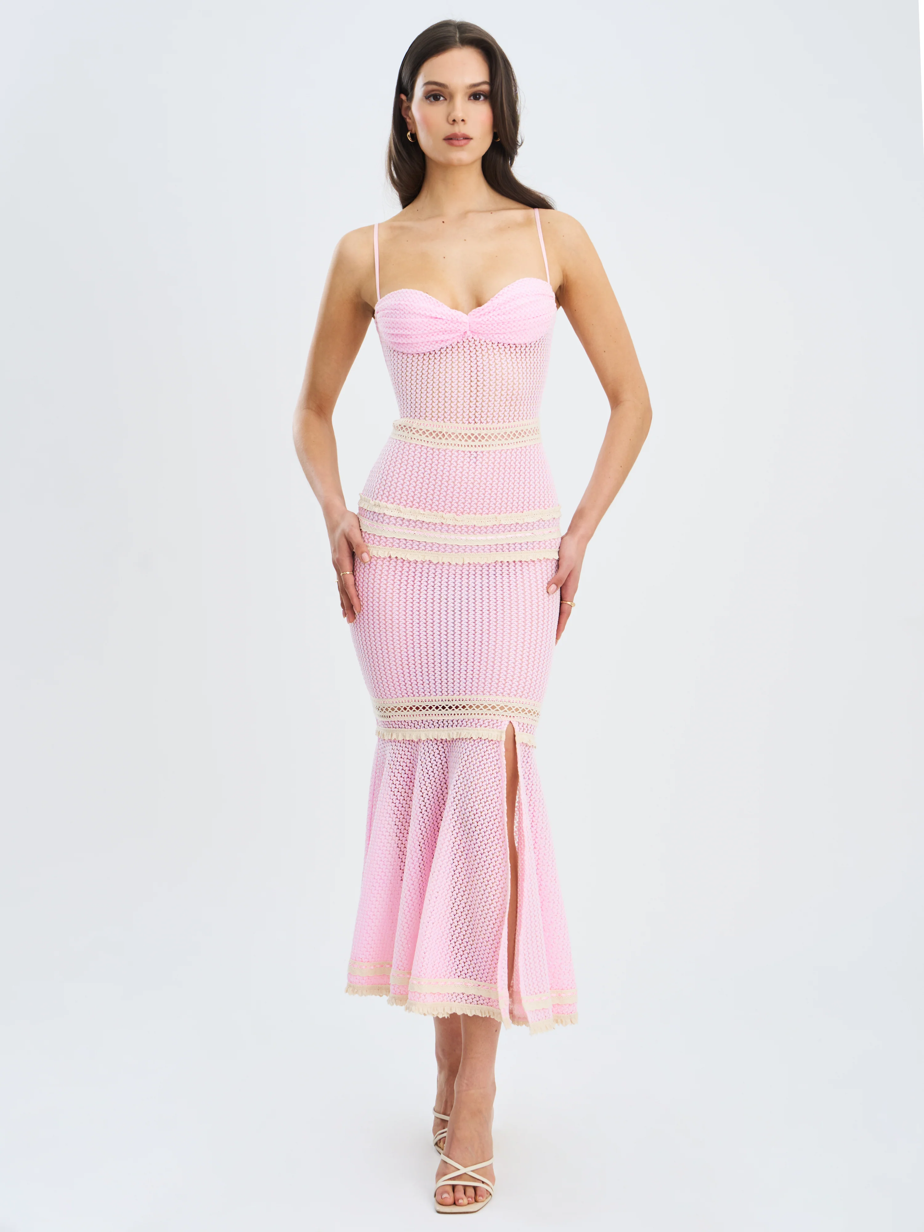 Pallas Pink Lace Trim Crochet Mermaid Maxi Dress