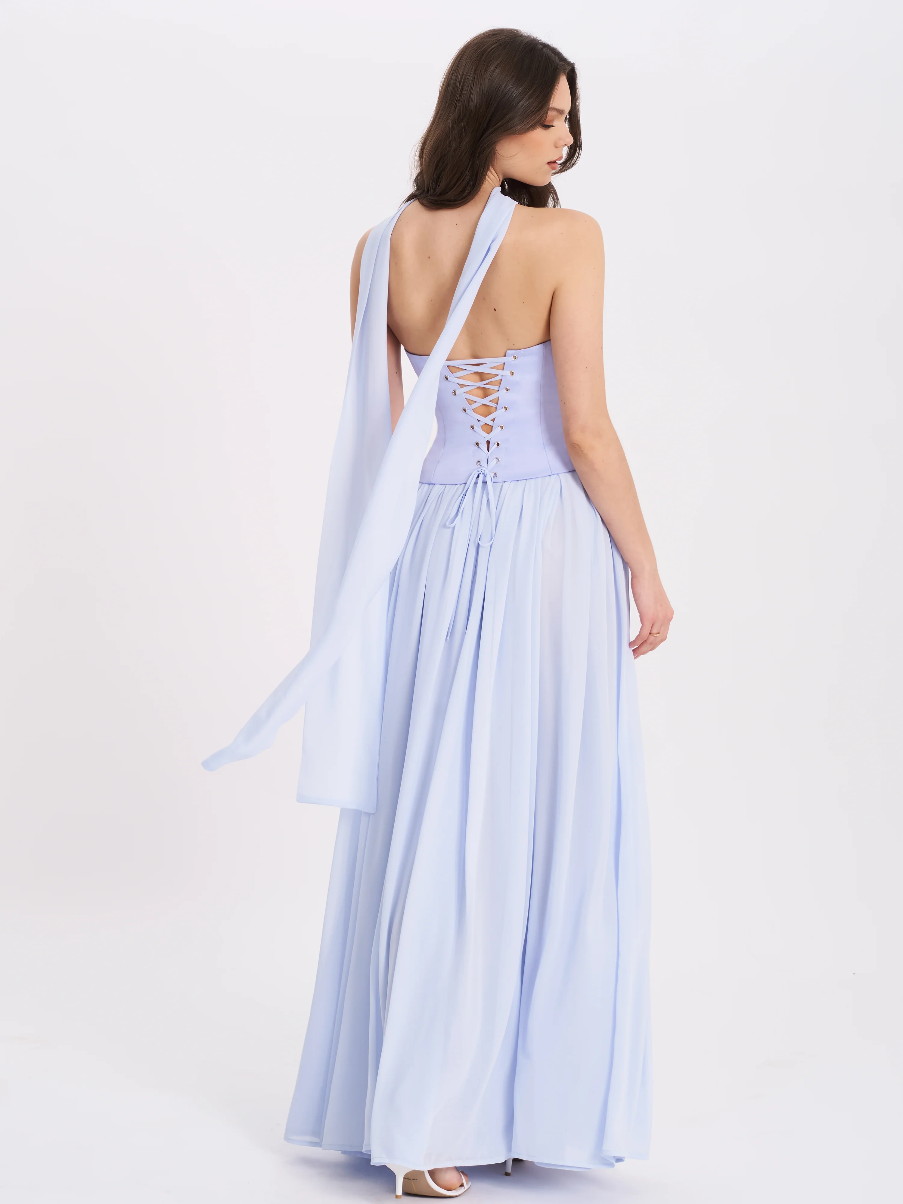 Qianna Baby Blue Peplum Top Drop Waist Chiffon Gown
