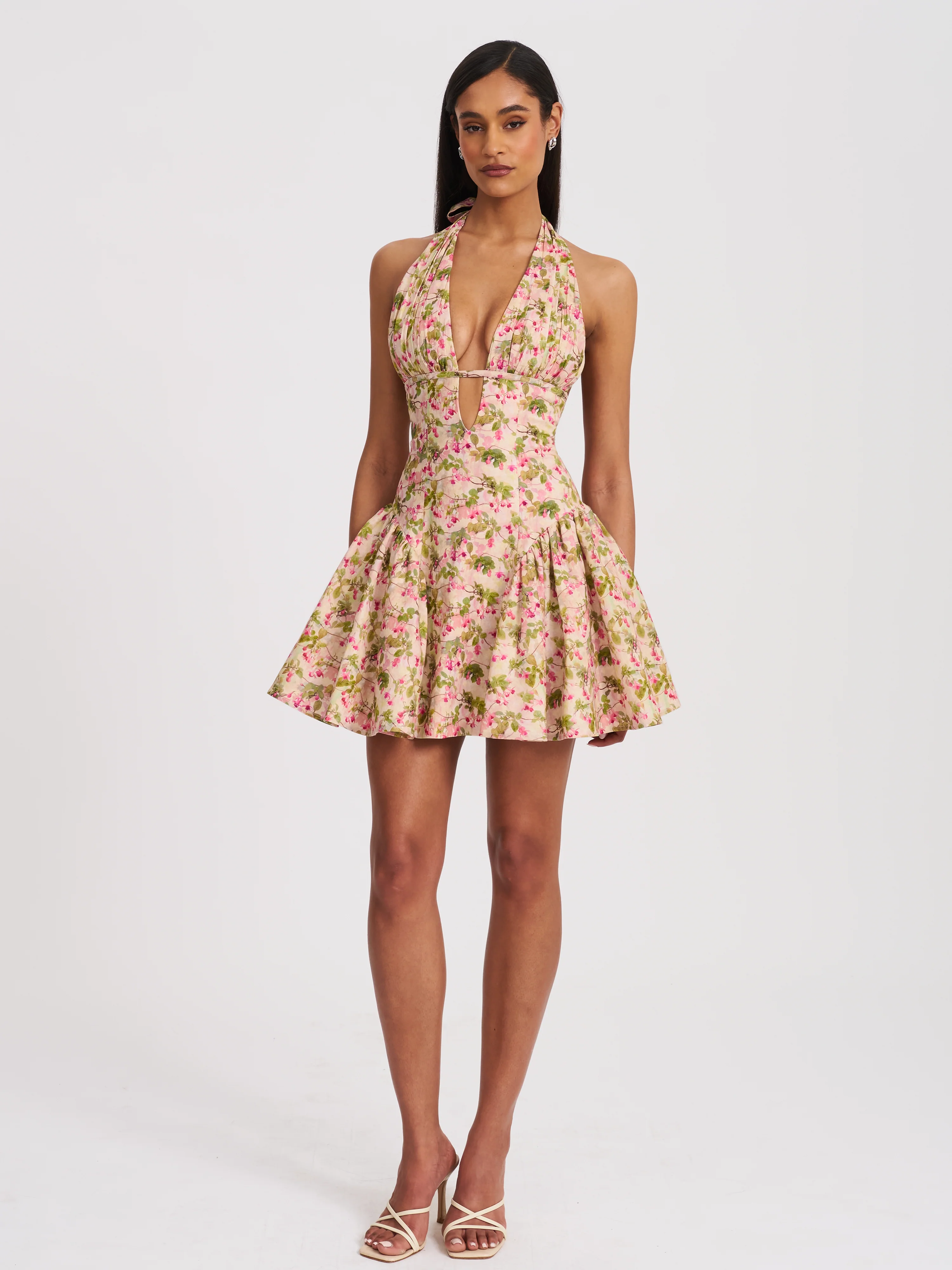 Mackenzie Green and Pink Floral Print Halter Linen Mini Dress