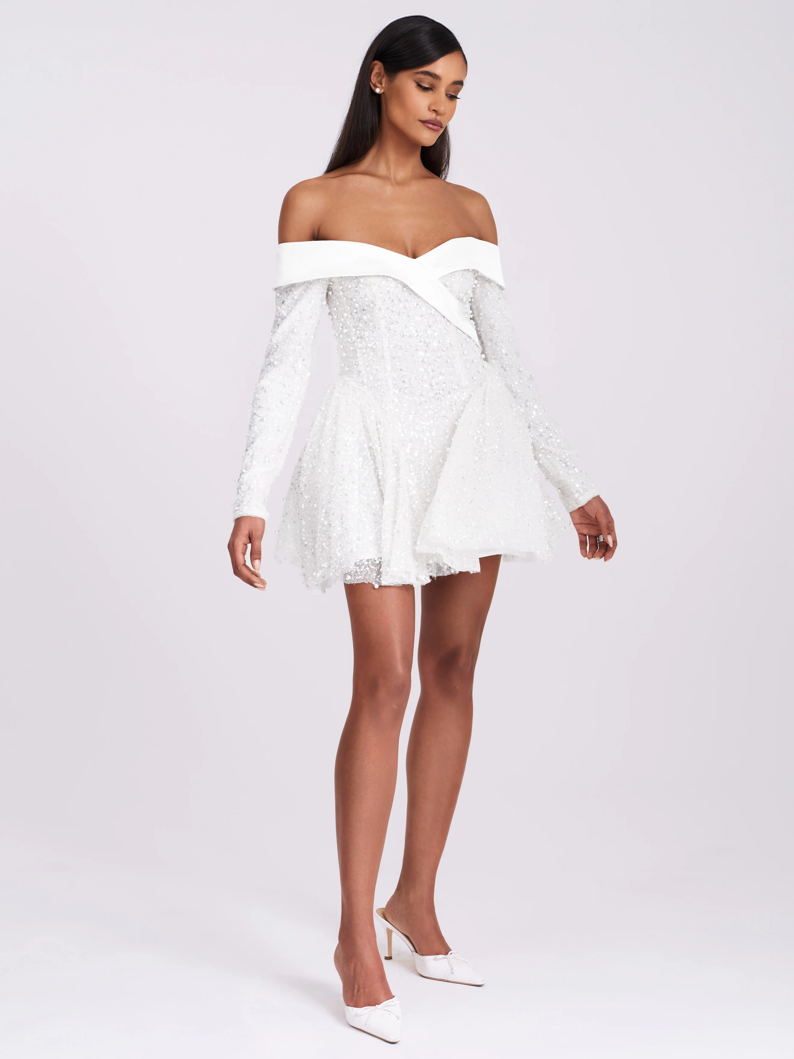 Kira Bead Embroidered Mesh Off Shoulder Long Sleeve Mini Dress