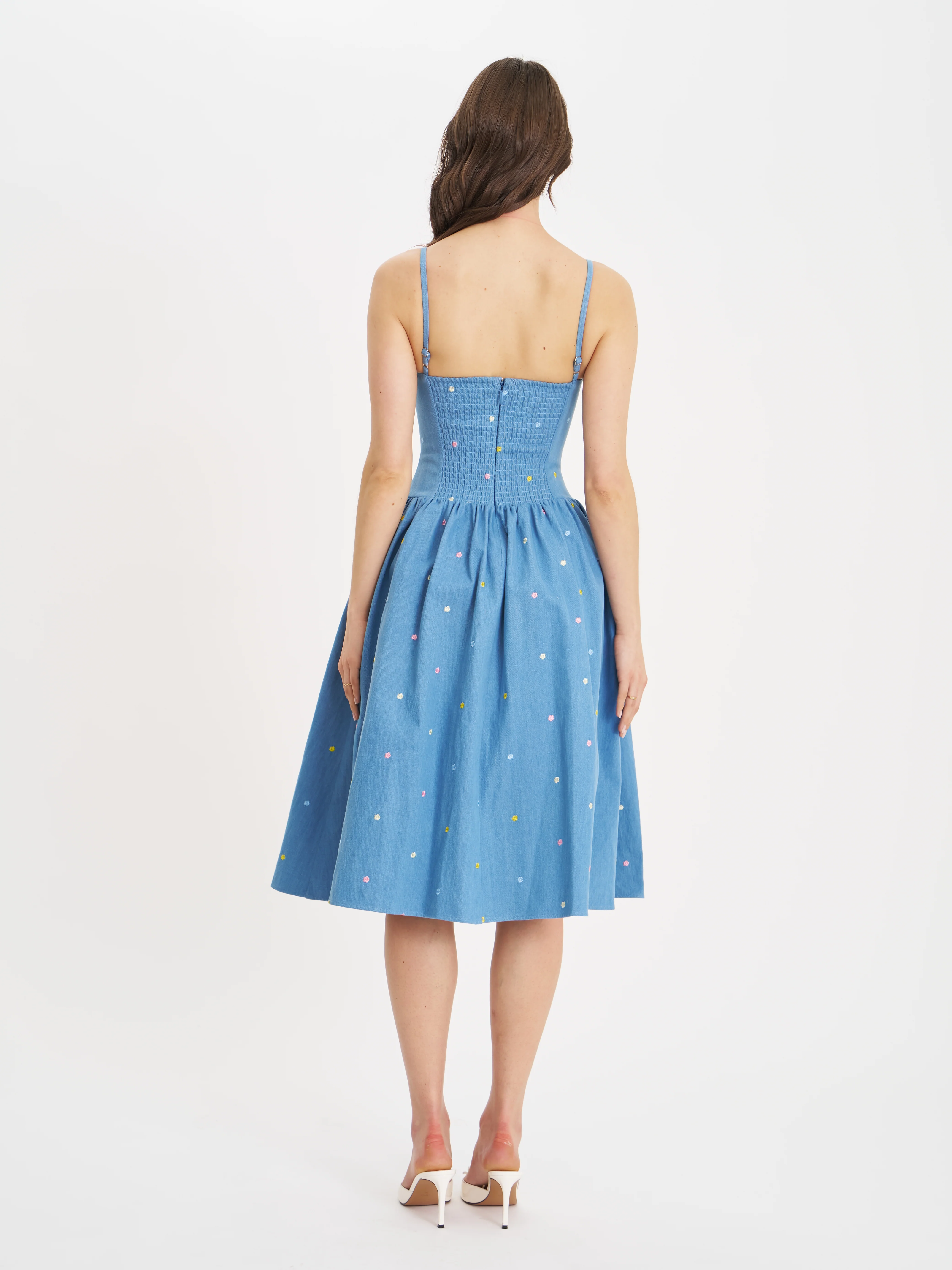 Zadie Cotton Denim Drop Waist Embroidery Flower Midi Dress