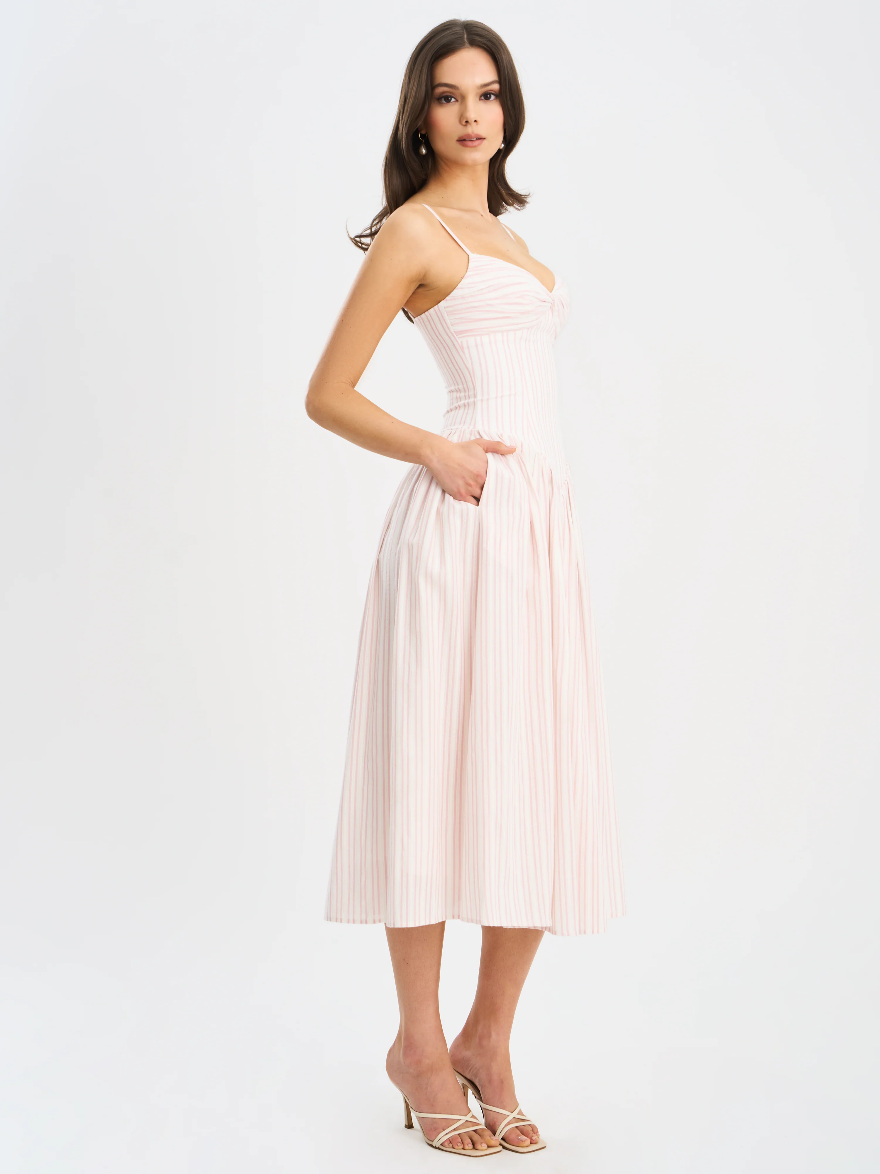 Zania Pink Stripe Ruched Breast Cotton Jacquard Midi Dress