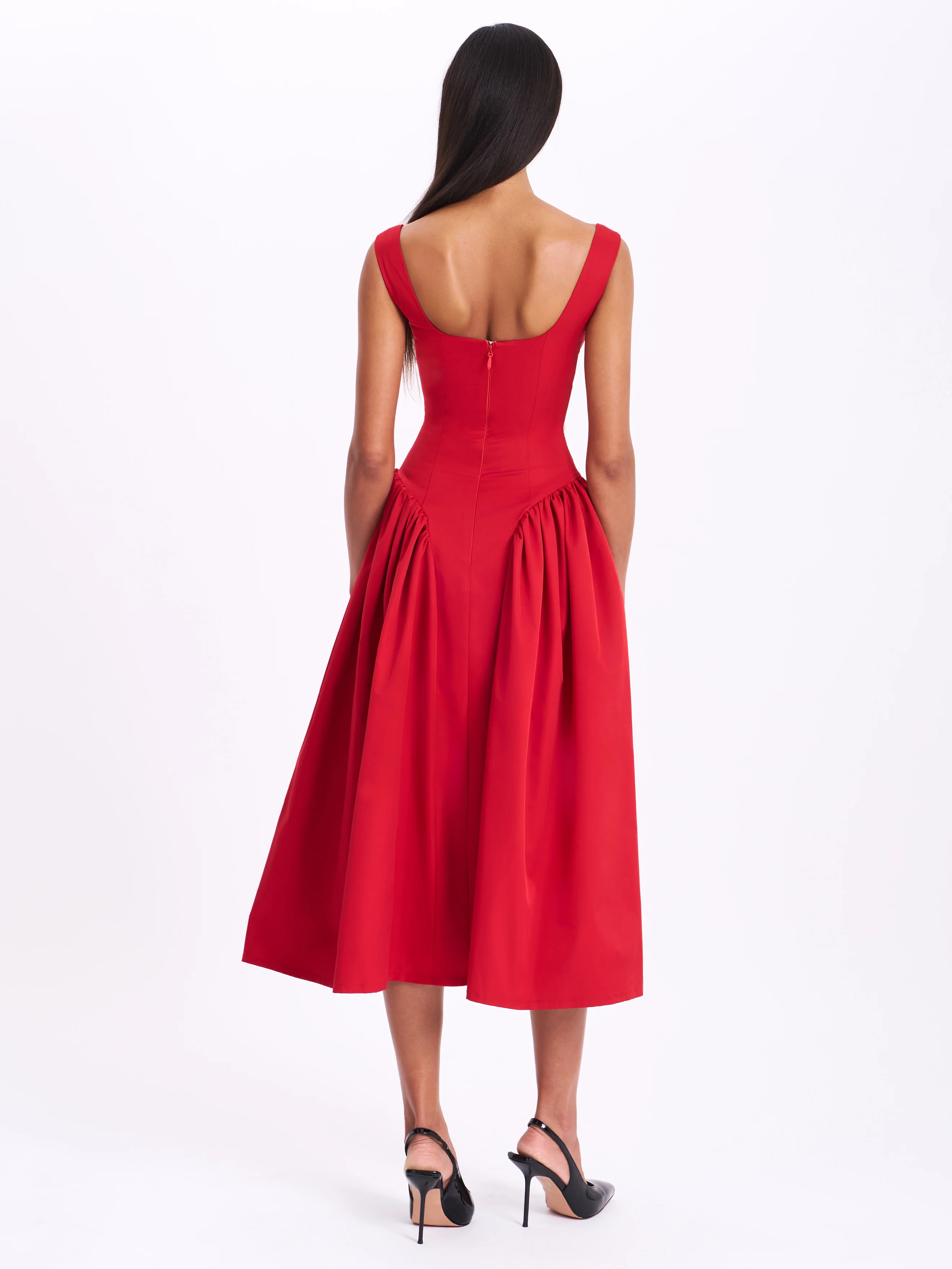 Nahla Red Drop Waist Midi Dress with Buttons