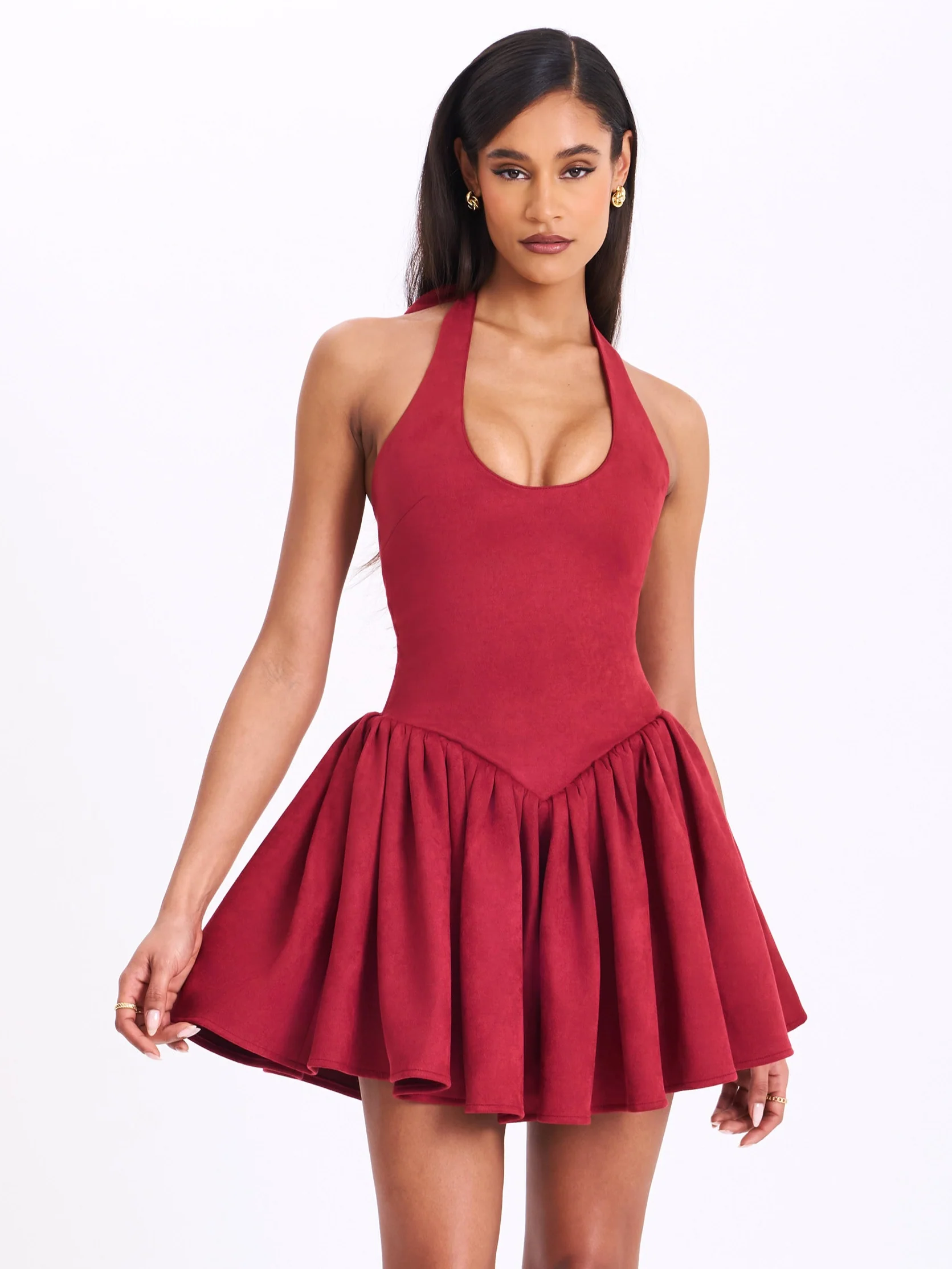 Hadara Burgundy Suede Halter Mini Full Dress