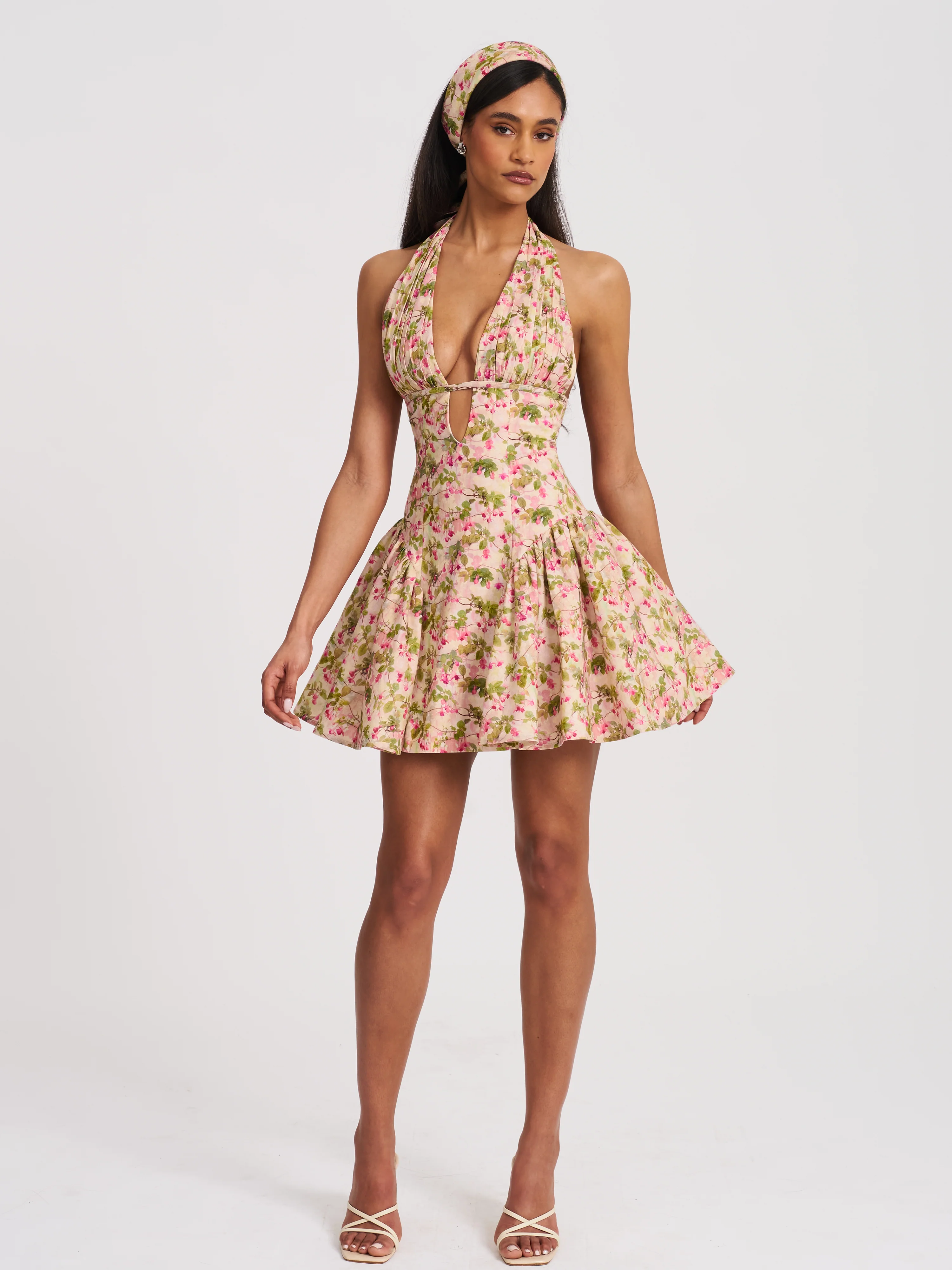 Mackenzie Green and Pink Floral Print Halter Linen Mini Dress