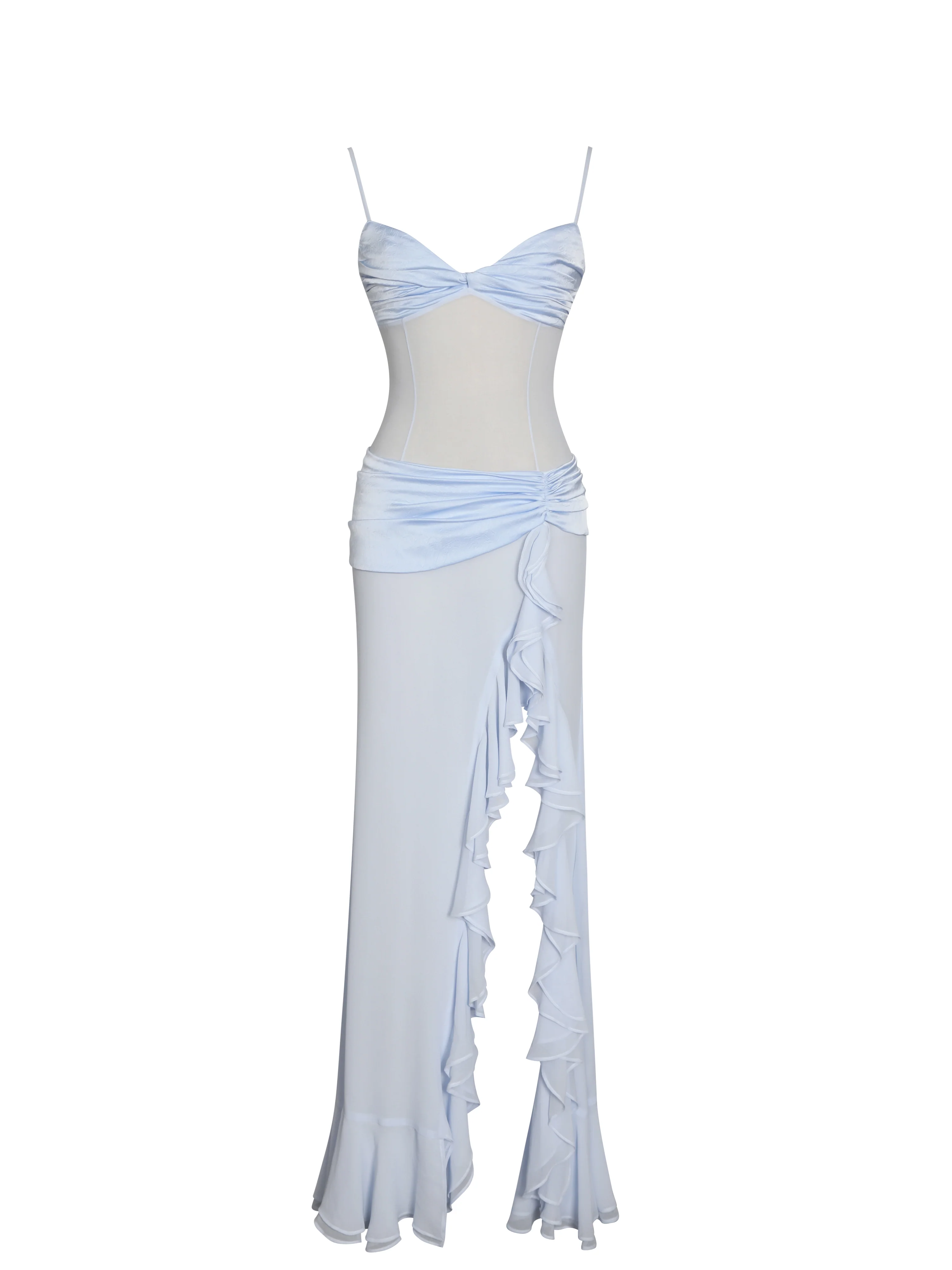 Lacy Blue Ruched Breast High Slit Chiffon Dress