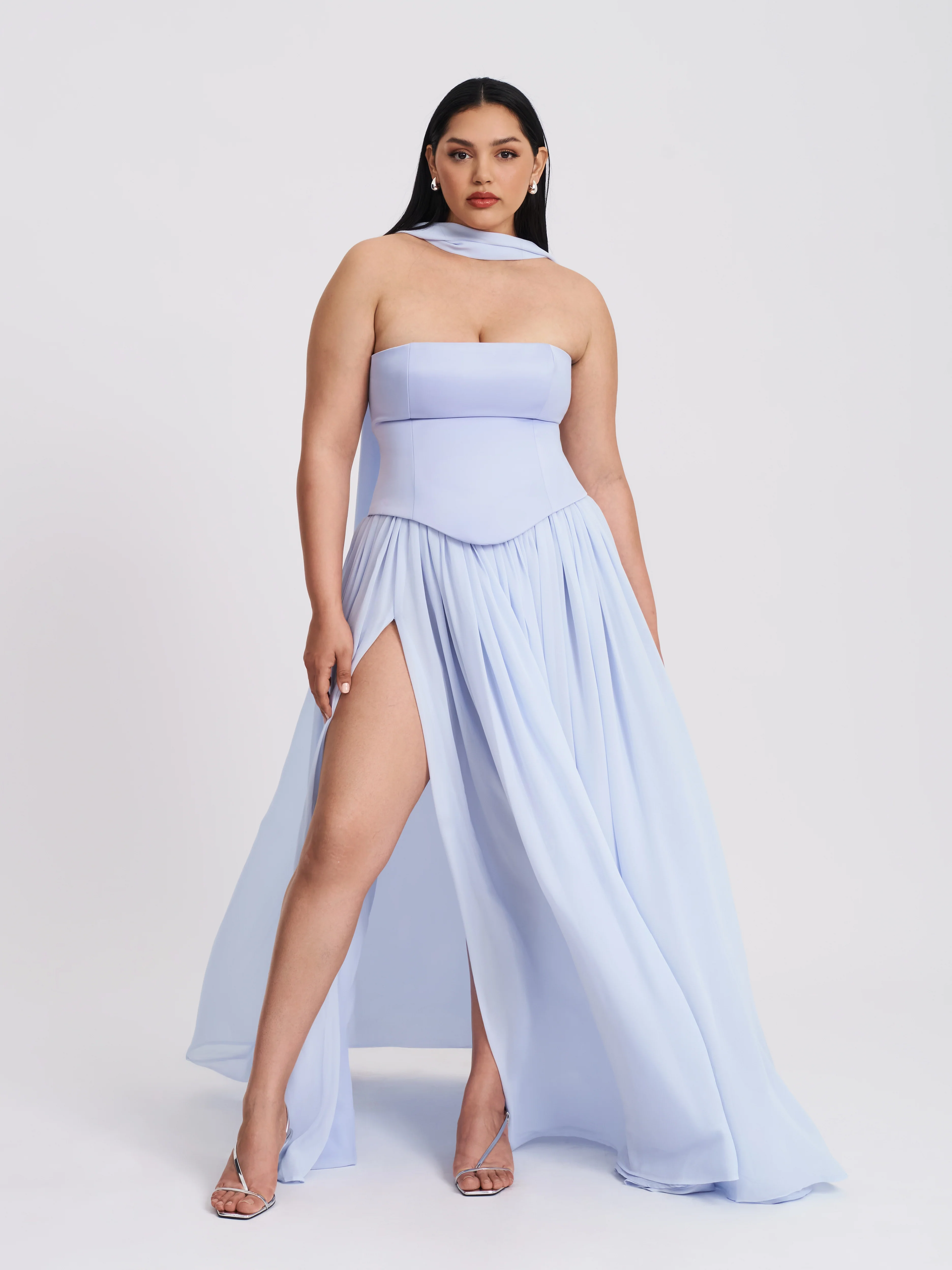 Qianna Baby Blue Peplum Top Drop Waist Chiffon Gown