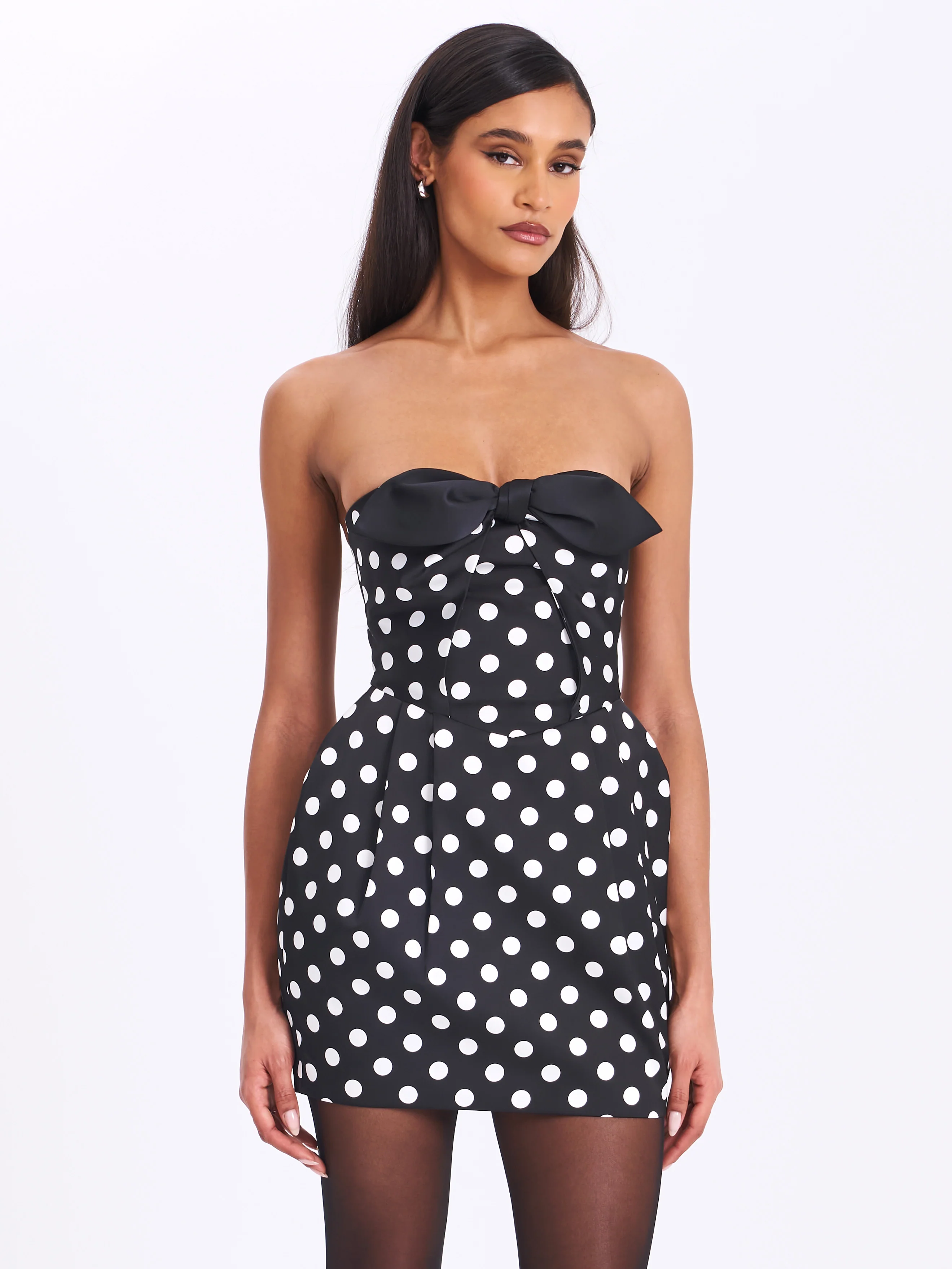 Tahira Black Polka Strapless Mini Dress with Bow