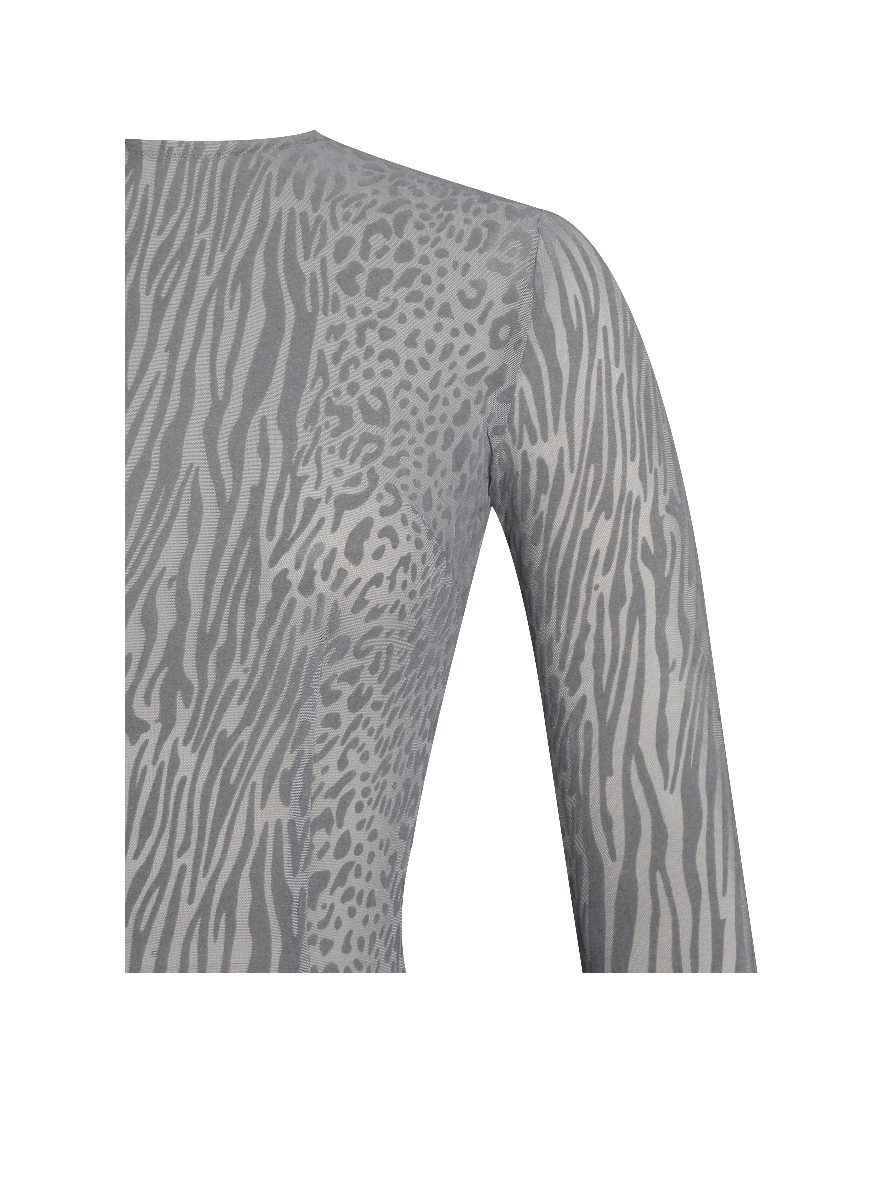 Waylynn Gray Animal Print Burnout Velvet Detail Mesh Backless Maxi Dress