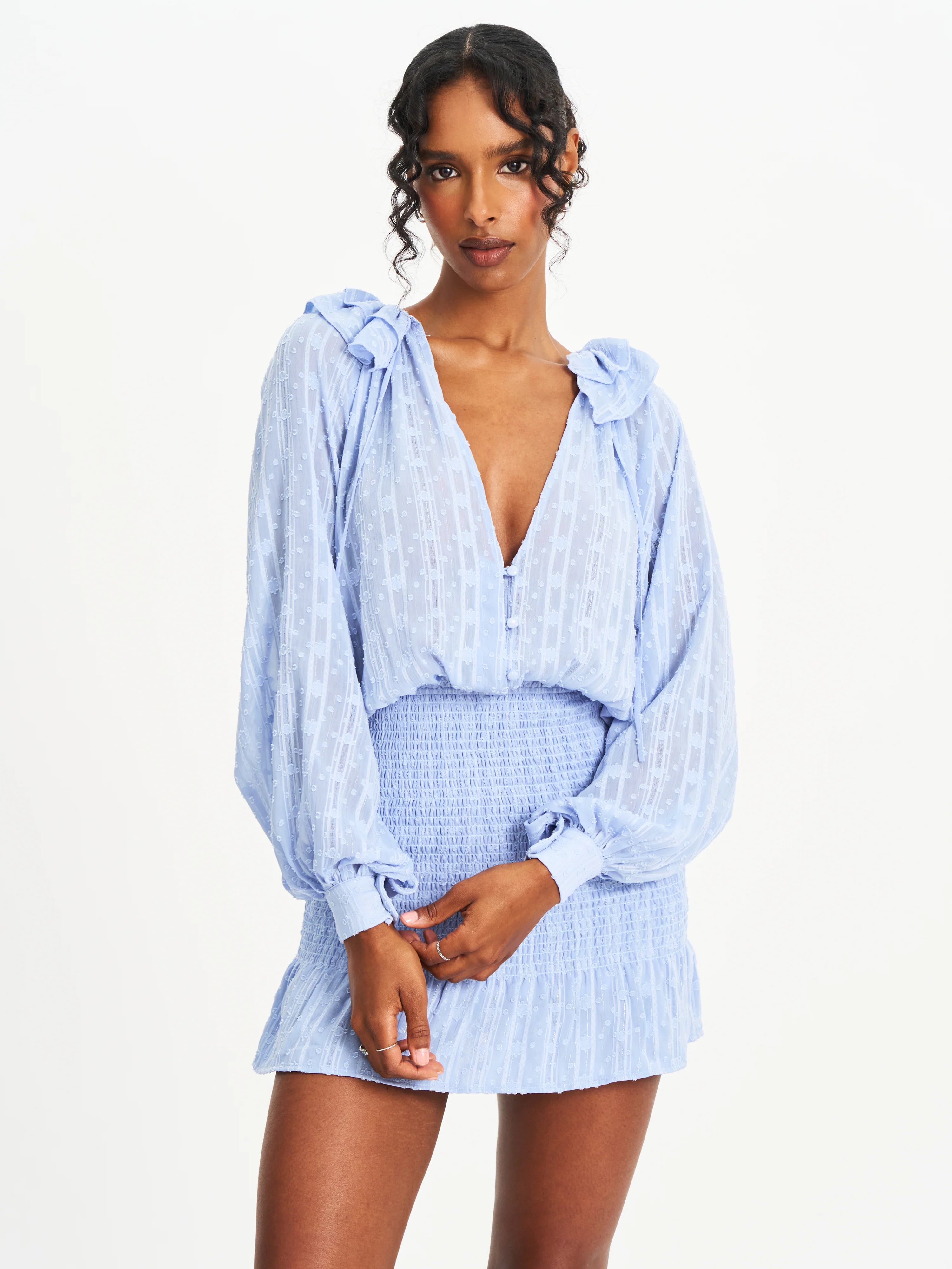 Zahari Blue Smock Bottom Balloon Sleeve Mini Dress