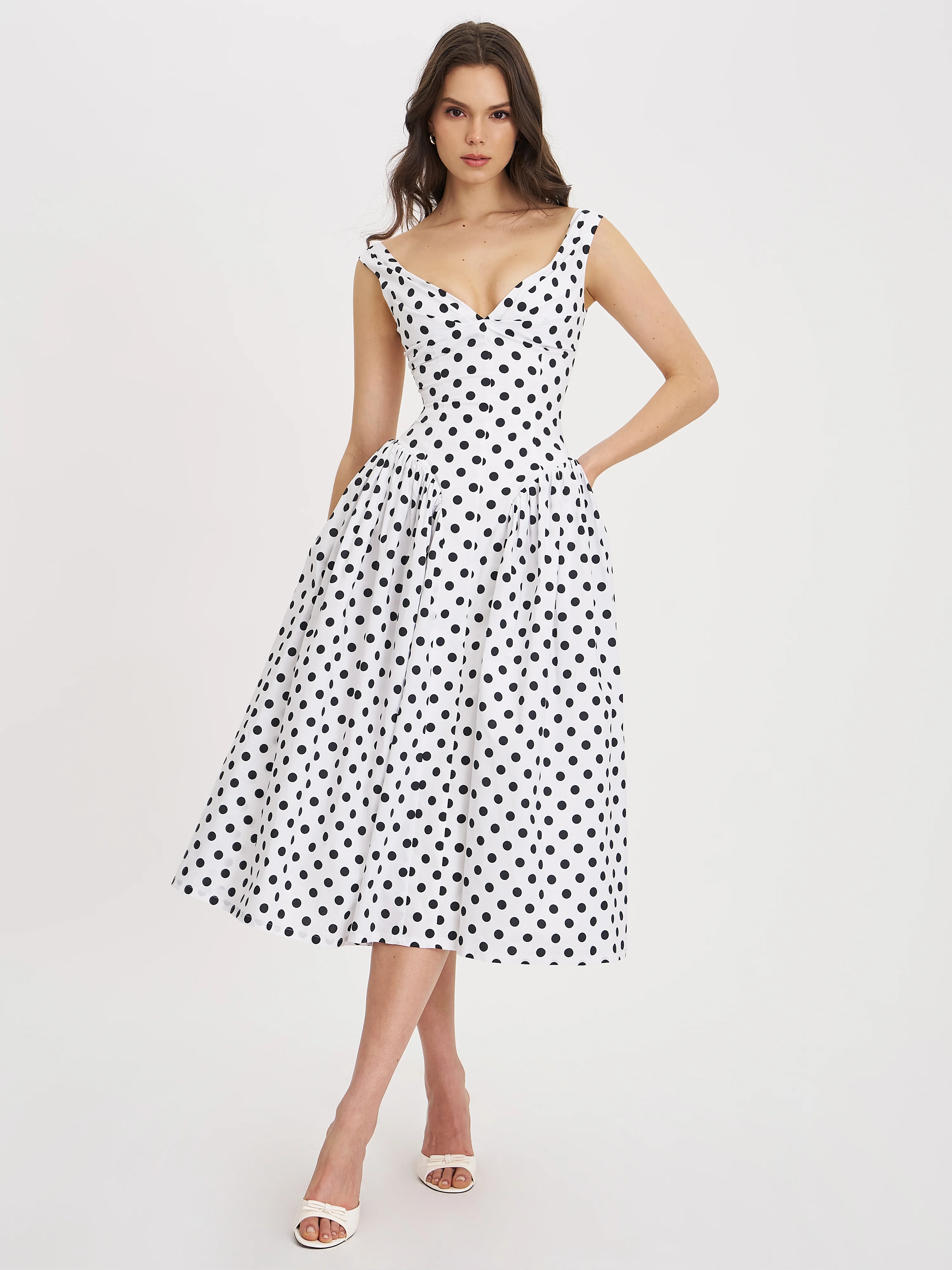 Rahma Polka Dot Drop Waist Midi Cotton Poplin Dress