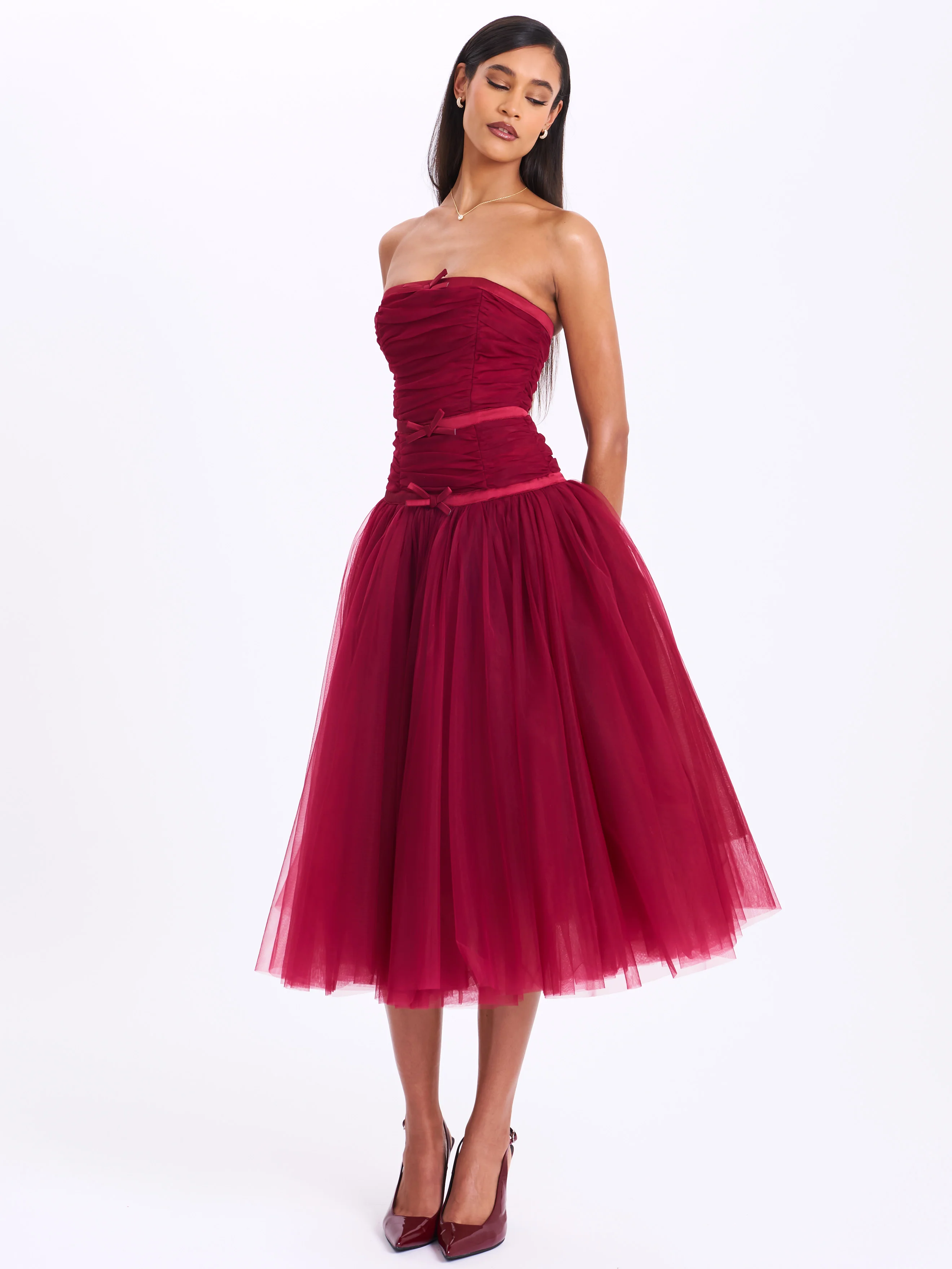 Mabel Burgundy Drop Waist Layered Mesh Midi Puffy Dress with Bow