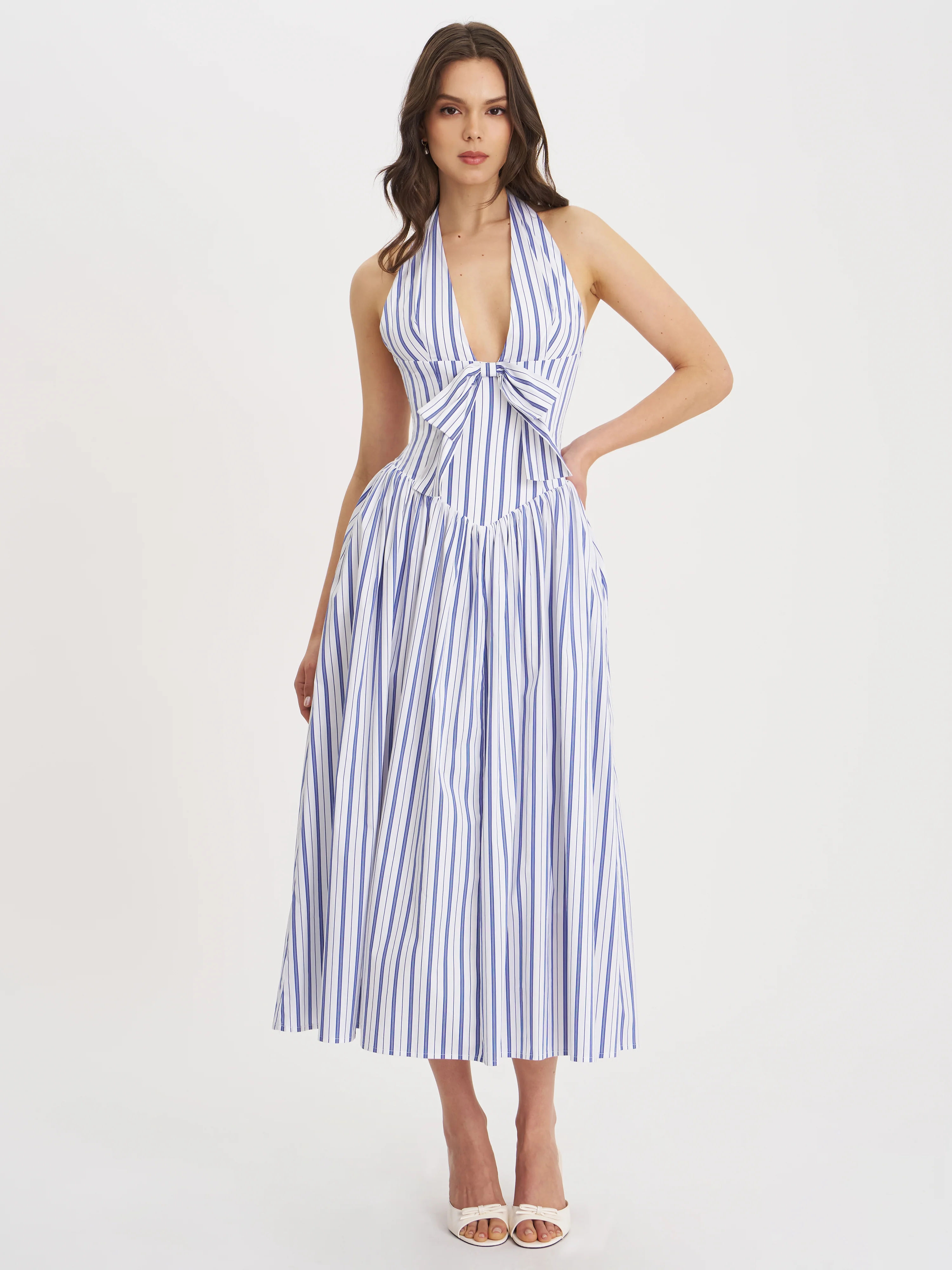 Mackenna Navy Stripe Halter Smock Back Maxi Dress