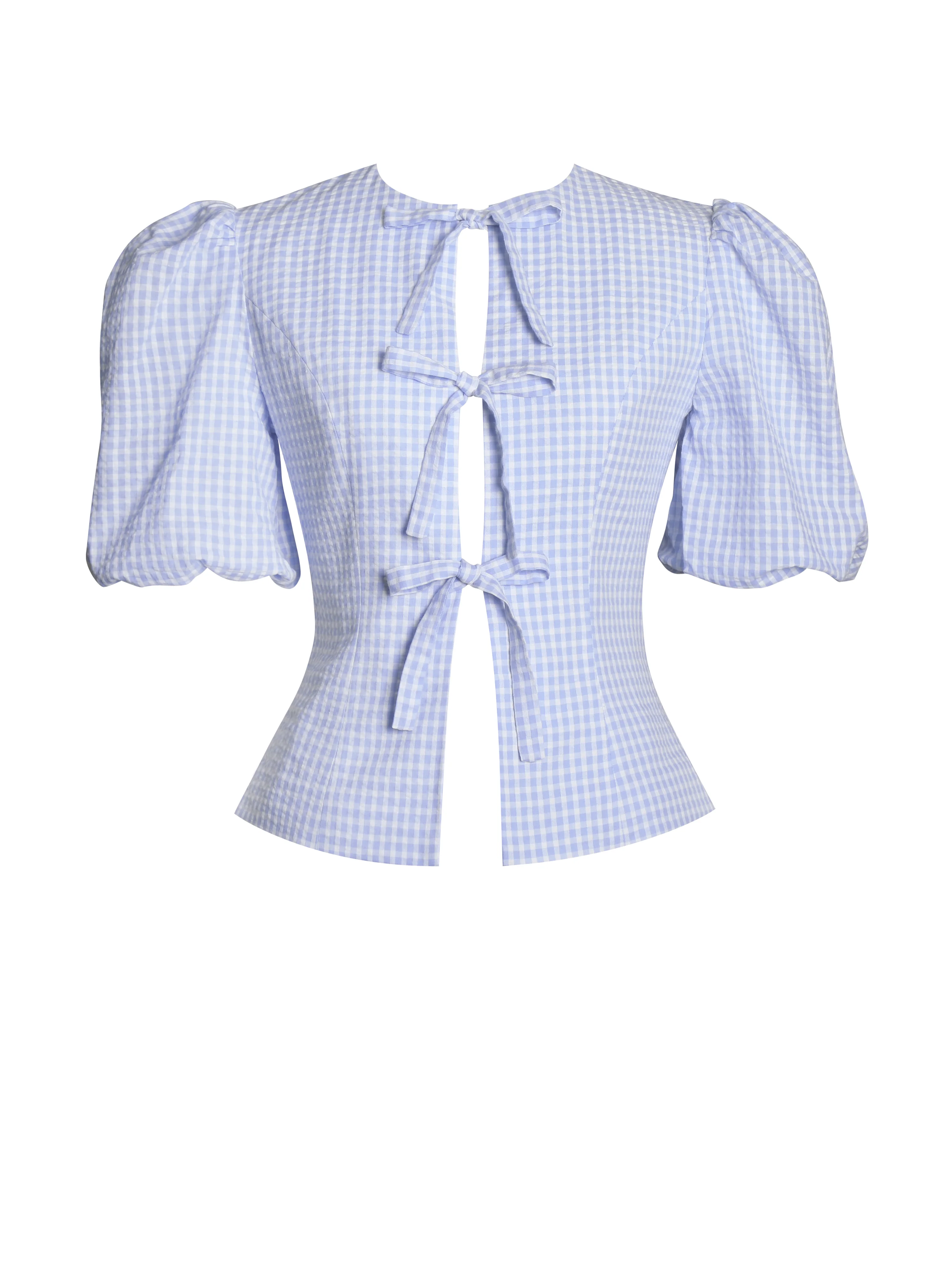 Qusayla Baby Blue Gingham Bubble Sleeve Bowtie Top