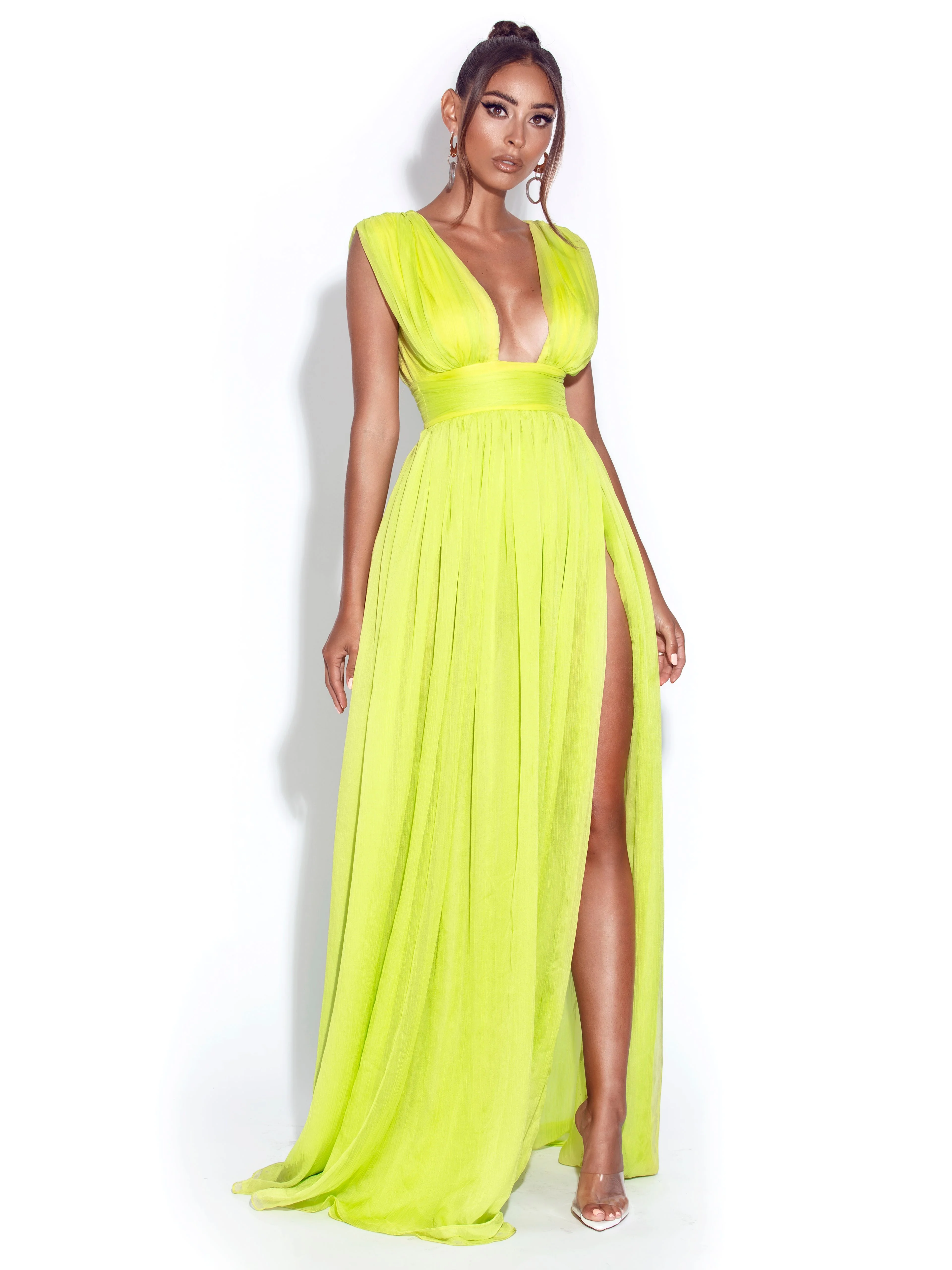 Valley Of Angels Lime Chiffon Pleated High Slit Maxi Dress