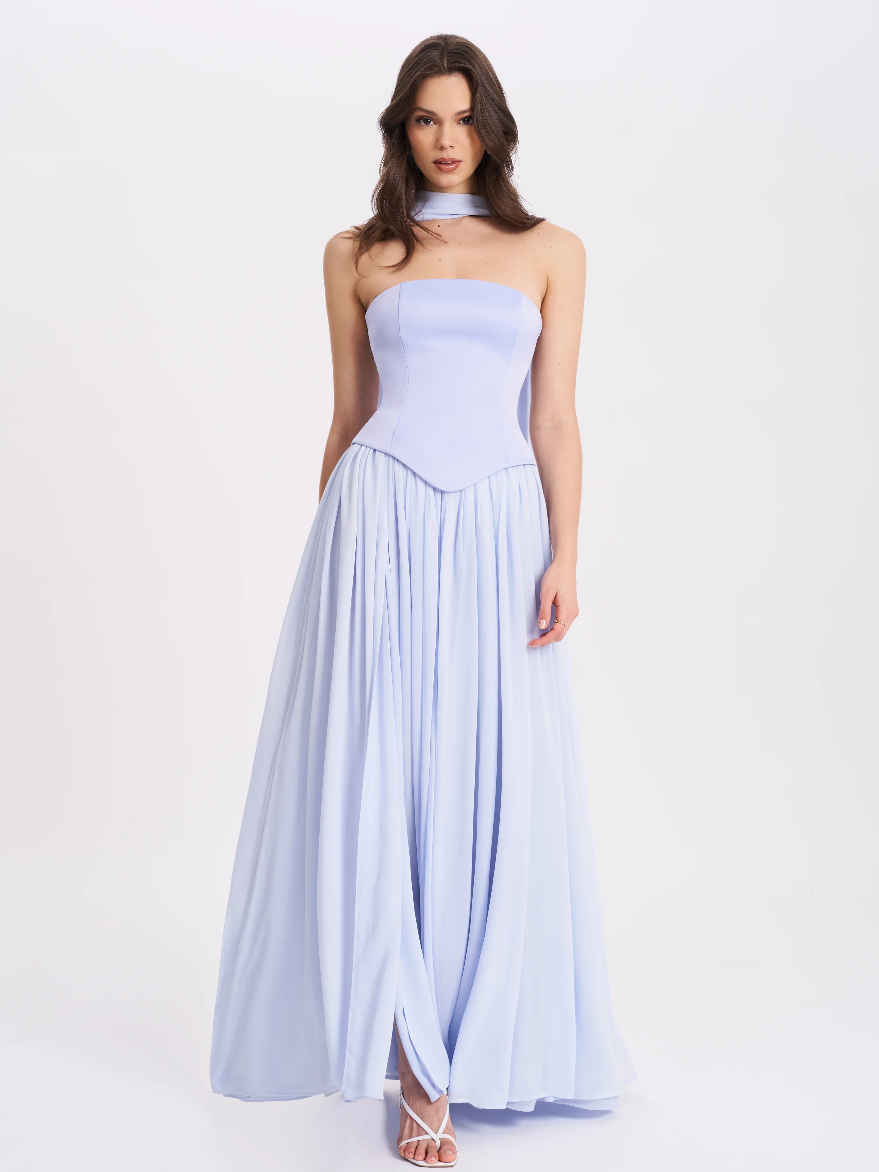 Qianna Baby Blue Peplum Top Drop Waist Chiffon Gown